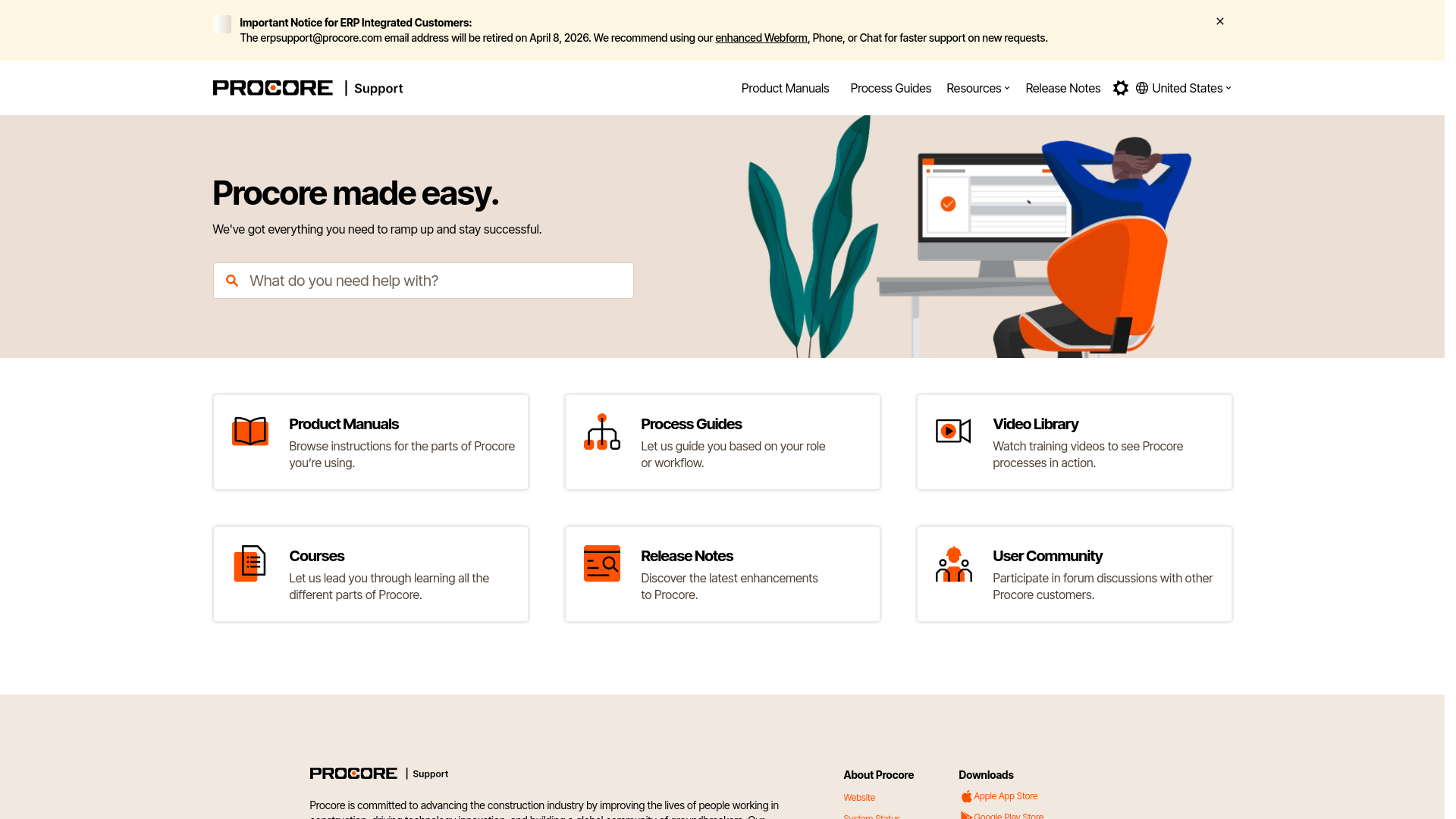 website screenshot of http://support.procore.com/