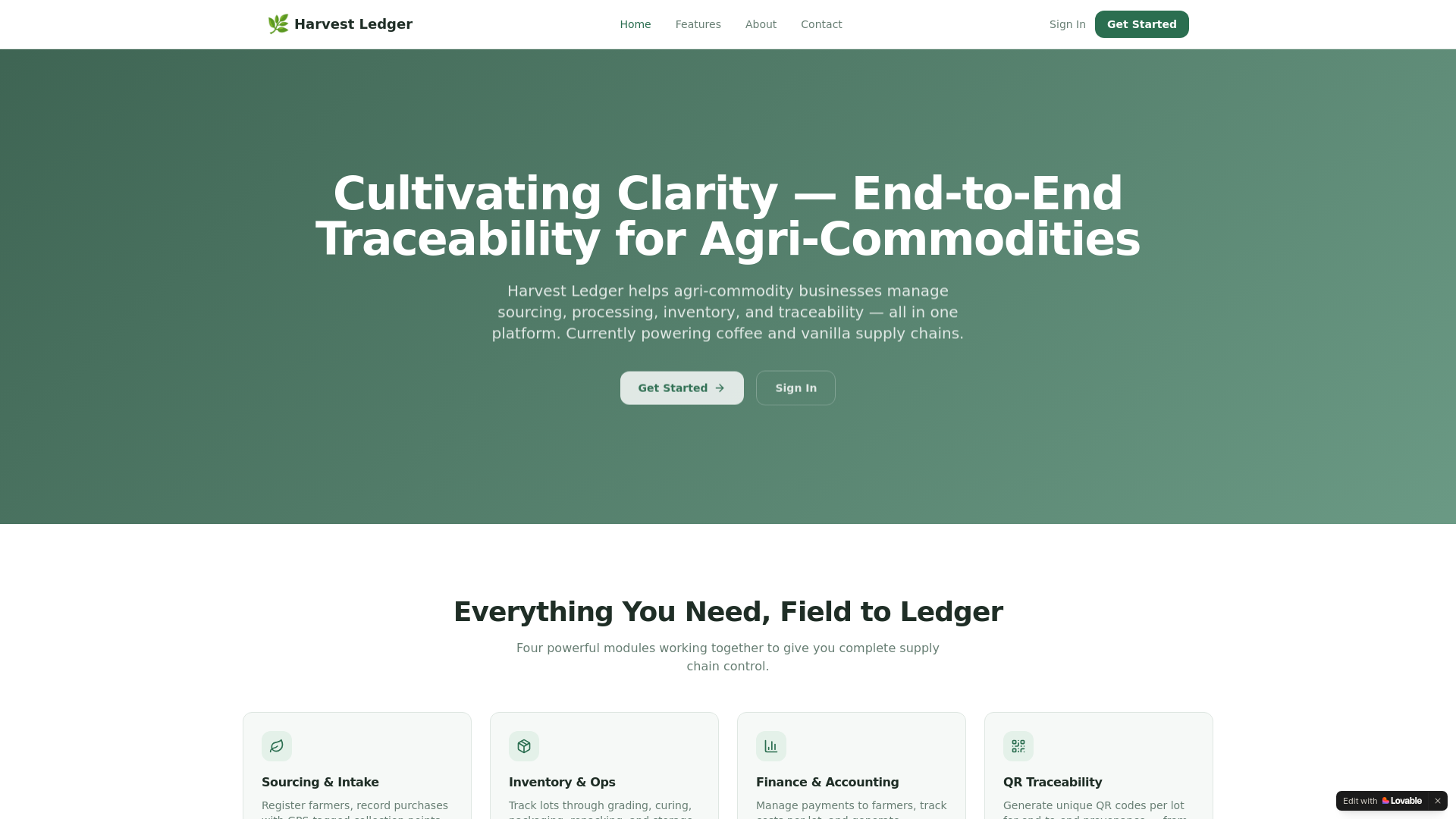 website screenshot of https://harvestledger.co/