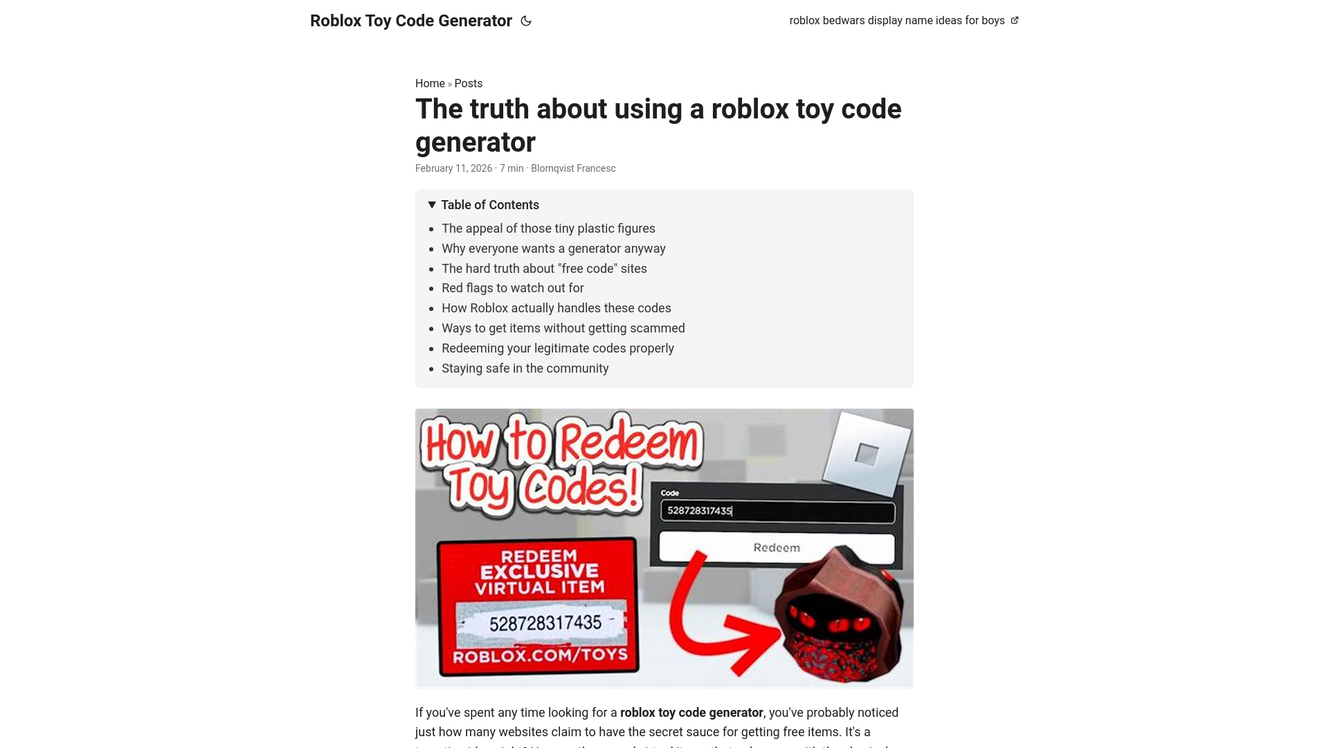 website screenshot of https://roblox-toy-code-generator.pages.dev/