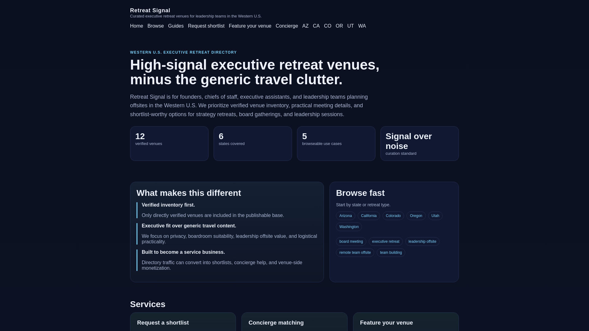 website screenshot of https://retreat-signal.pages.dev/