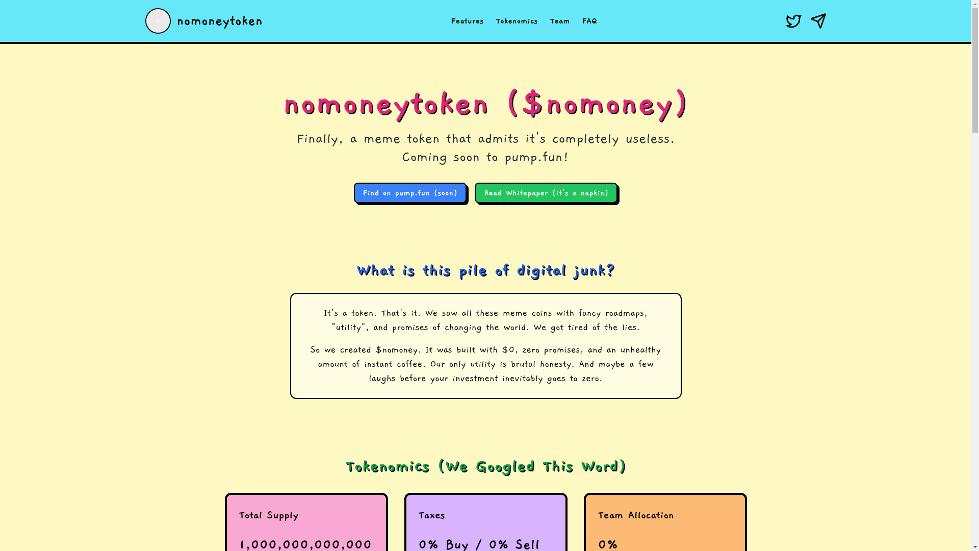 website screenshot of https://nomoneytoken.xyz/