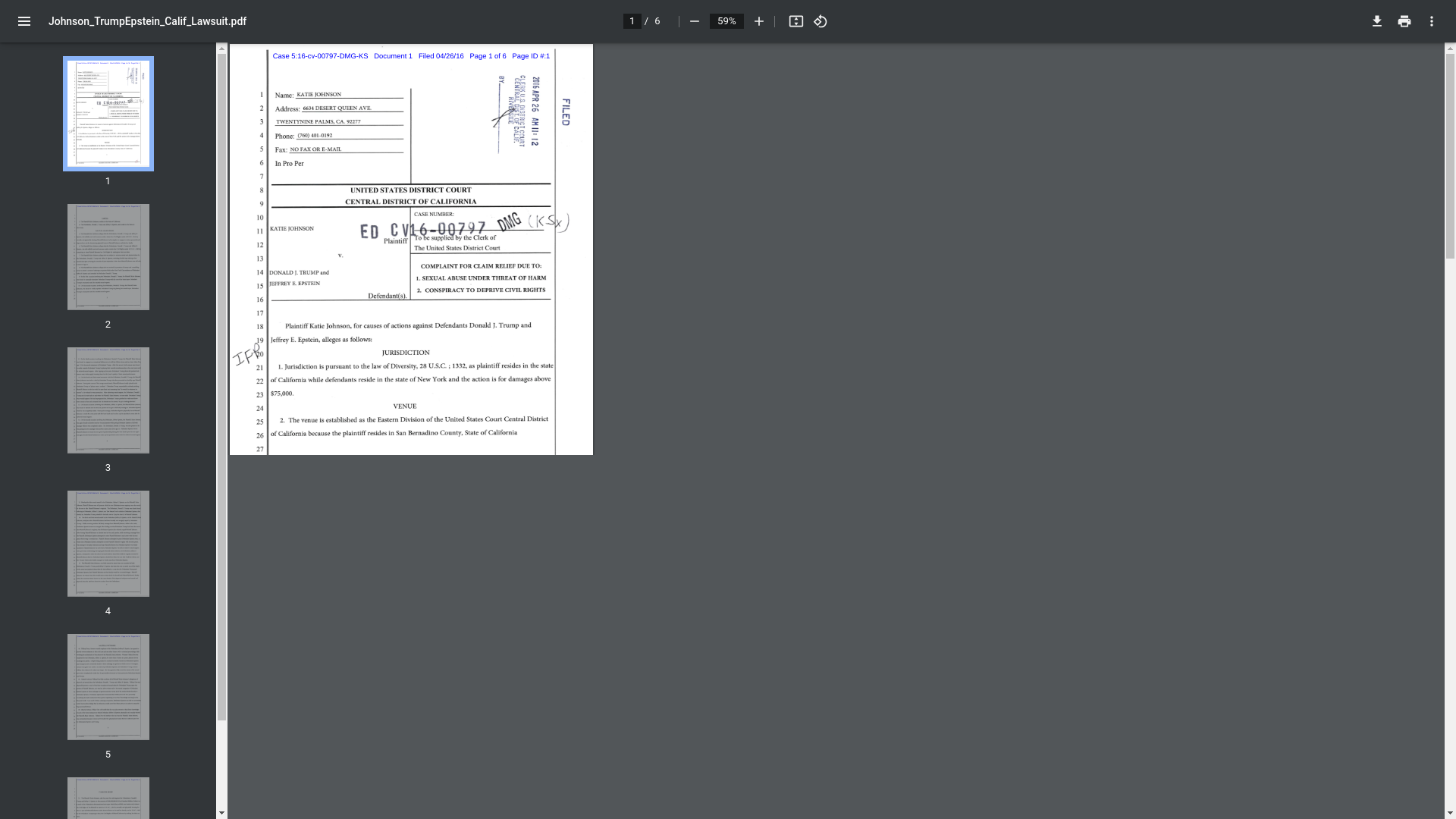 website screenshot of https://cdn.factcheck.org/UploadedFiles/Johnson_TrumpEpstein_Calif_Lawsuit.pdf