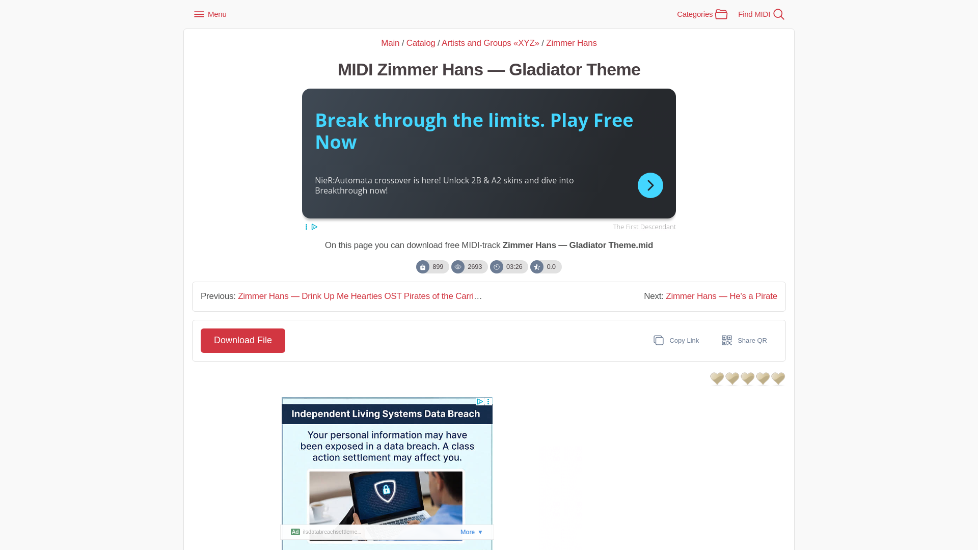 website screenshot of https://midifind.com/files/x/zimmer_hans/zimmer_hans_gladiator_theme/1950-1-0-64404