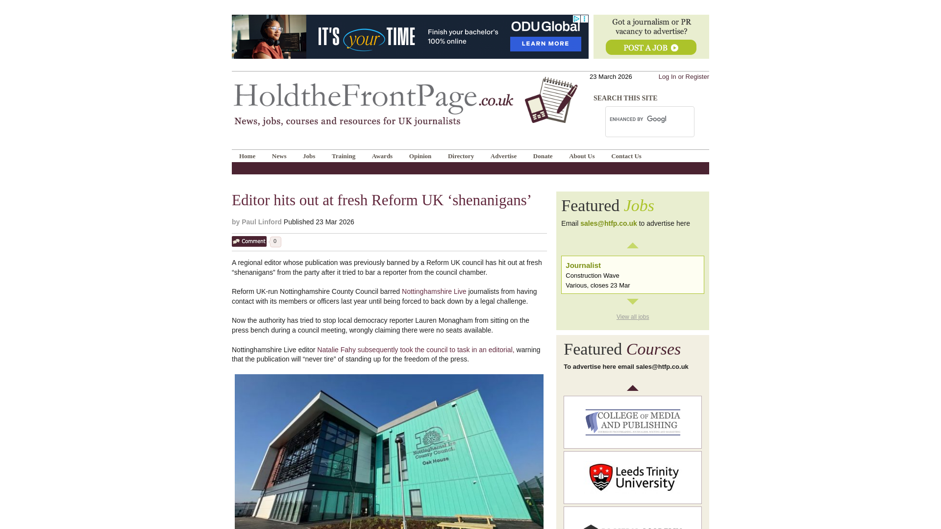 website screenshot of https://www.holdthefrontpage.co.uk/2026/news/editor-hits-out-at-fresh-reform-uk-shenanigans/