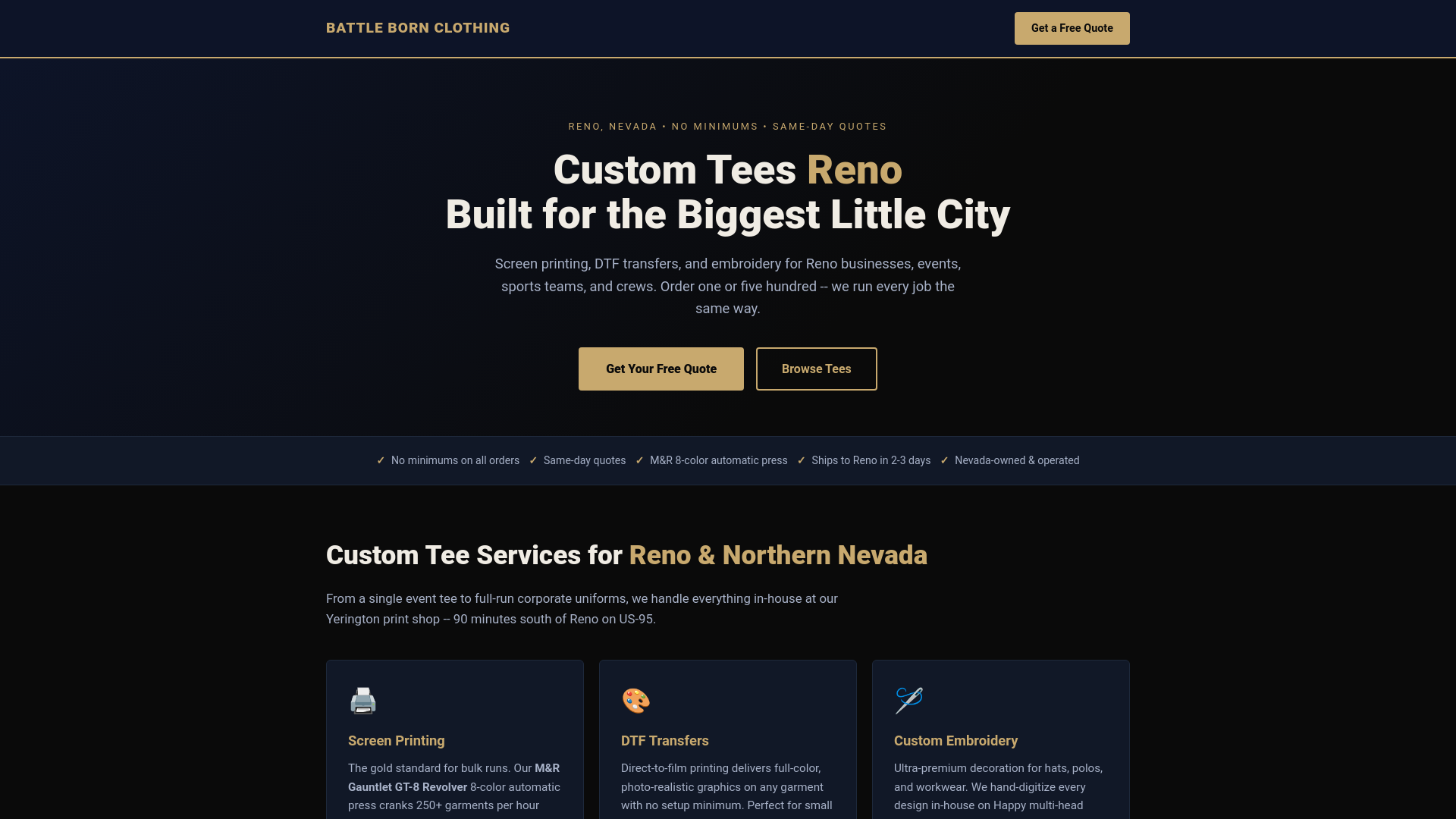 website screenshot of https://customteesreno.com/