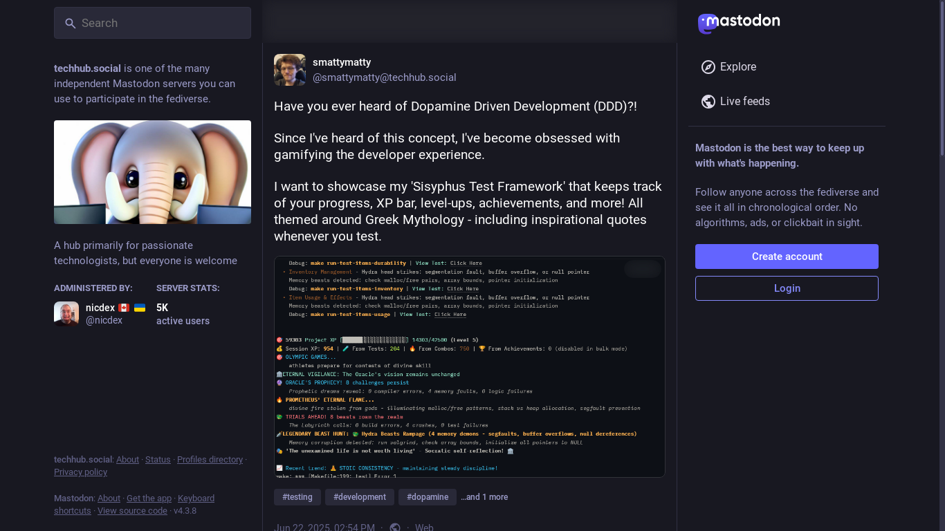 website screenshot of https://techhub.social/@smattymatty/114727588190378451