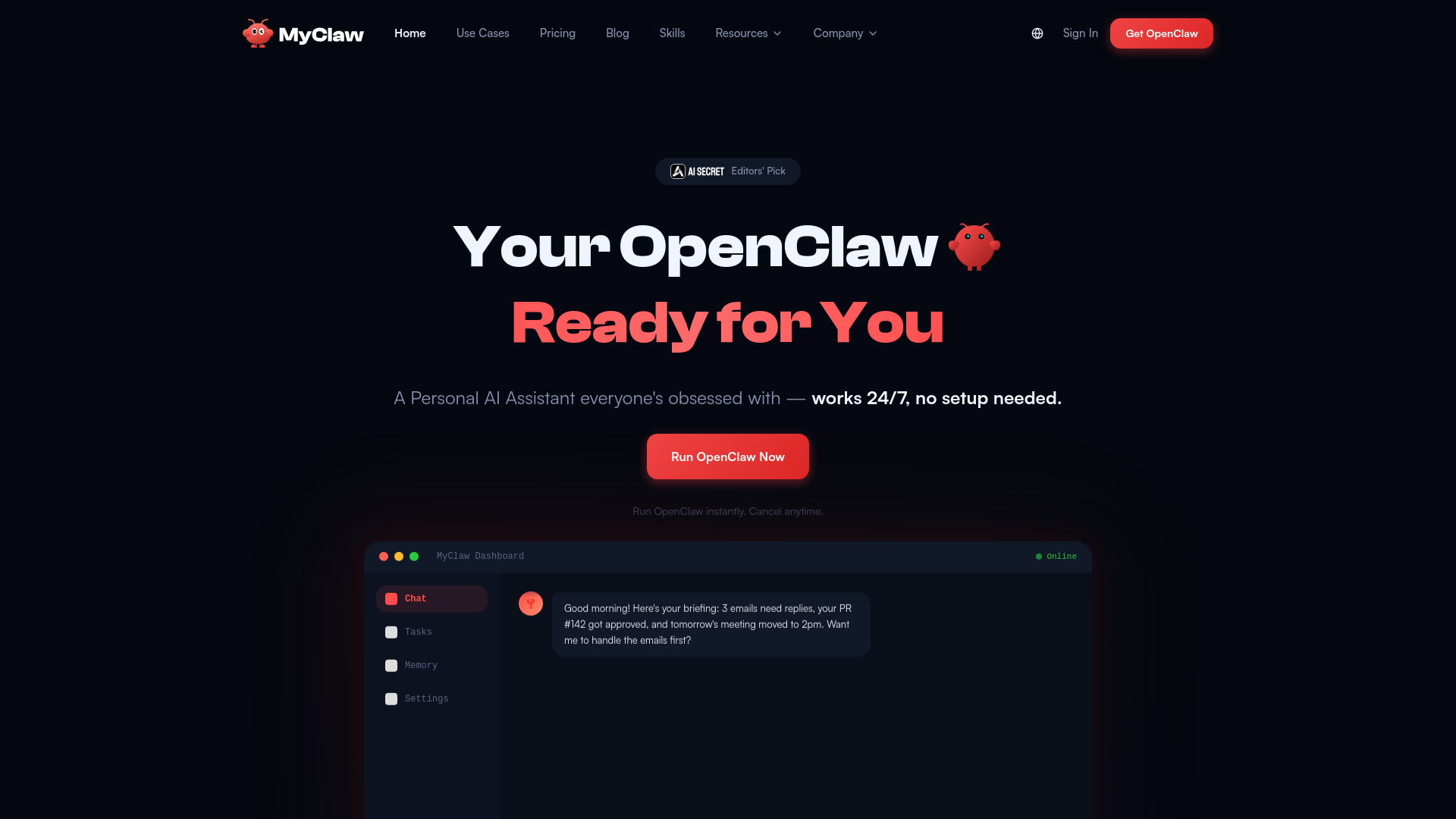 website screenshot of https://myclaw.ai