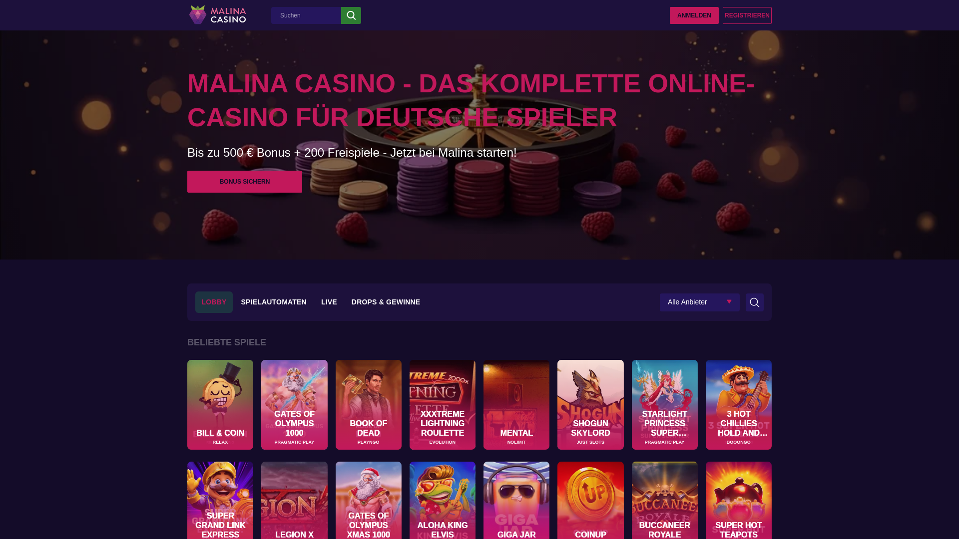 website screenshot of https://malinabet.de