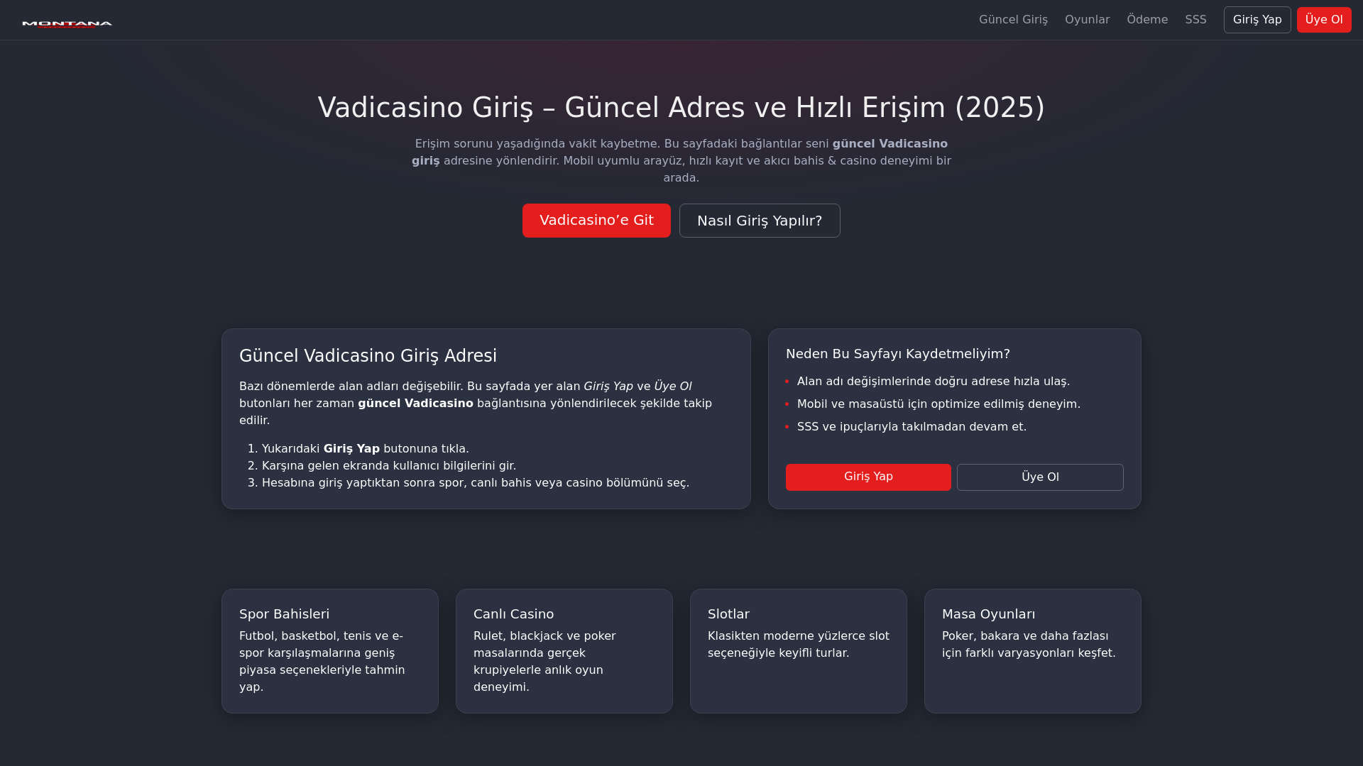 website screenshot of https://vadicasino-giris.com