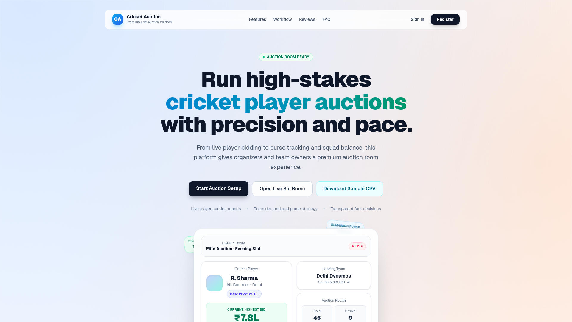 website screenshot of https://cricauctionlive.com/