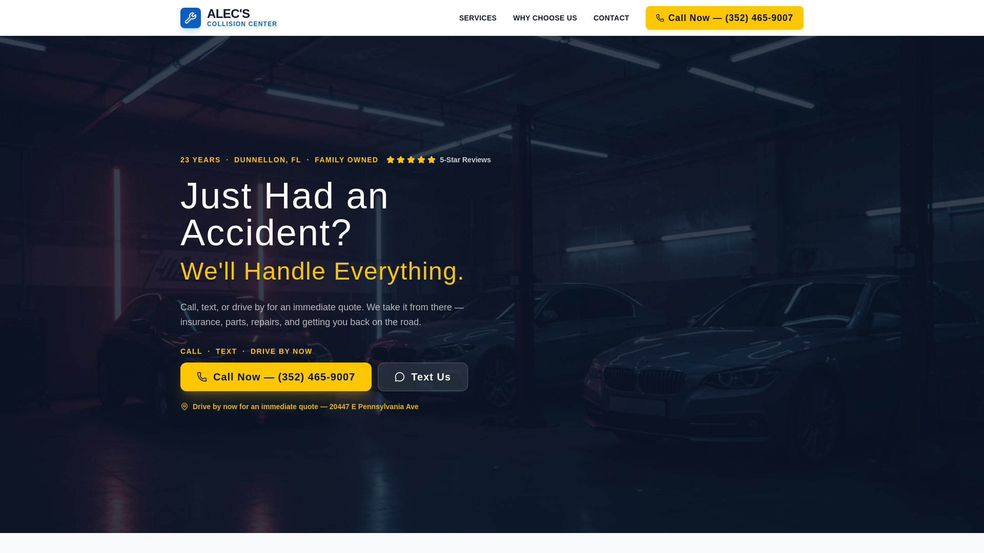 website screenshot of https://alecscollision.com/