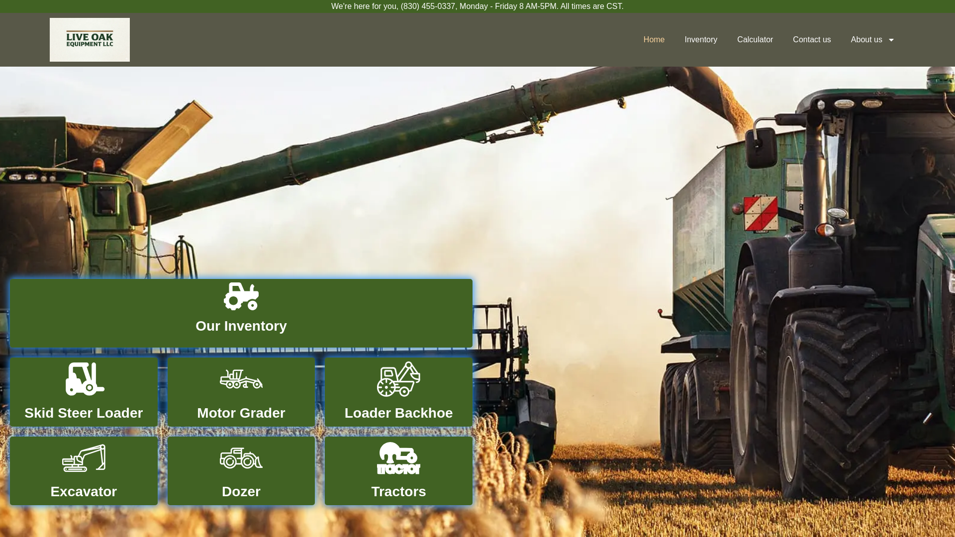 website screenshot of https://liveoak-equipment.com