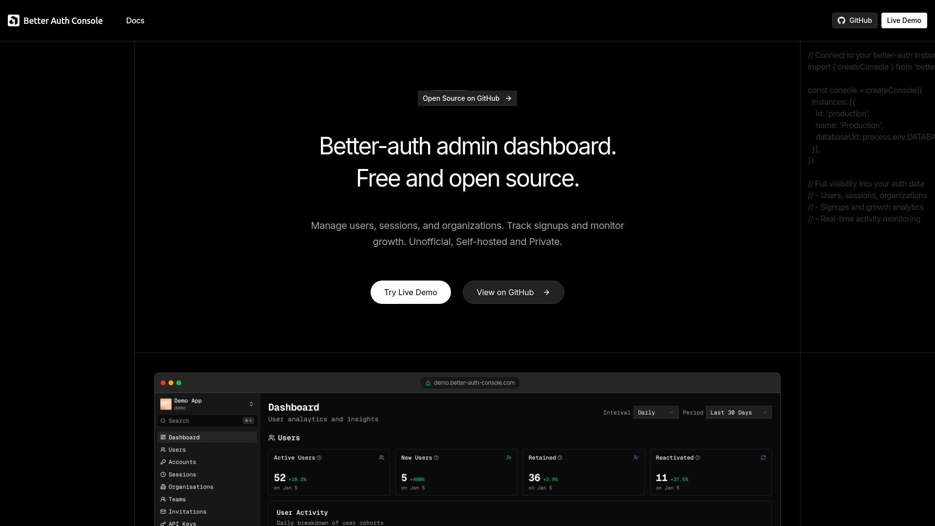 website screenshot of https://better-auth-console.com/