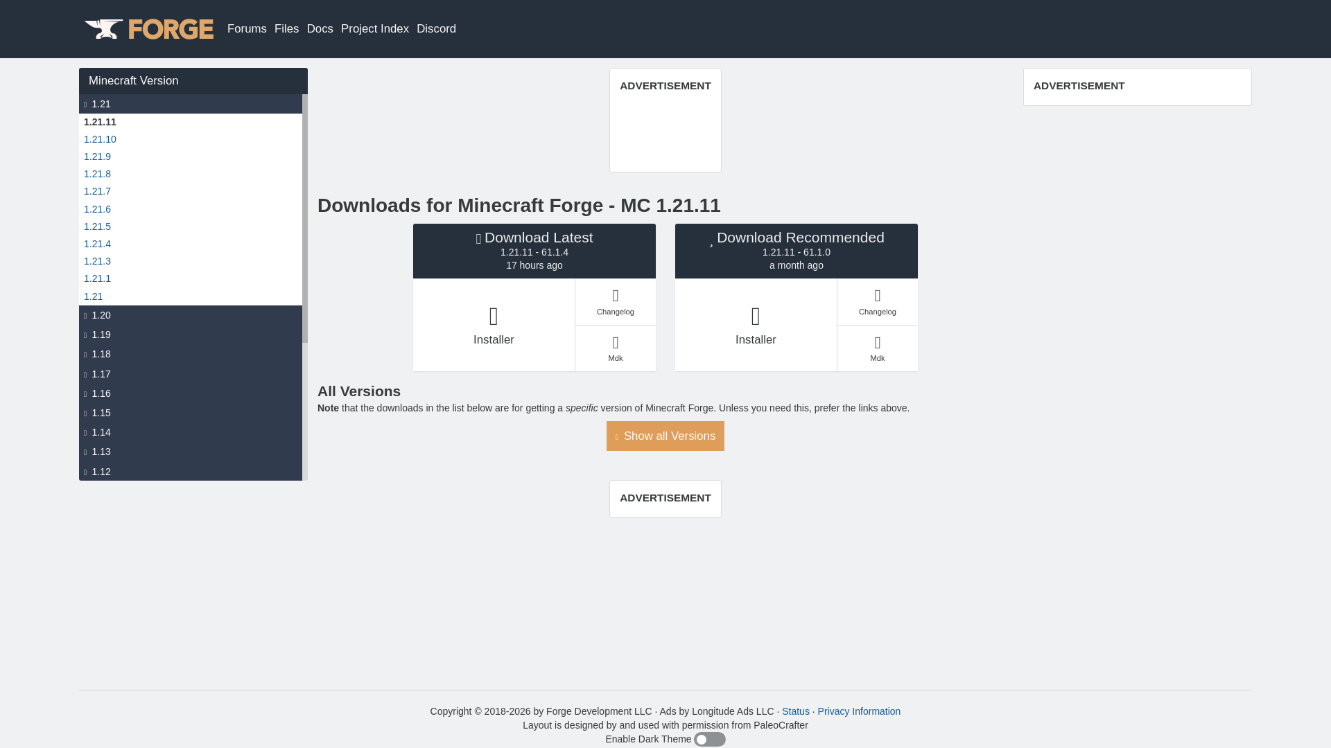 website screenshot of https://files.minecraftforge.net/net/minecraftforge/forge/