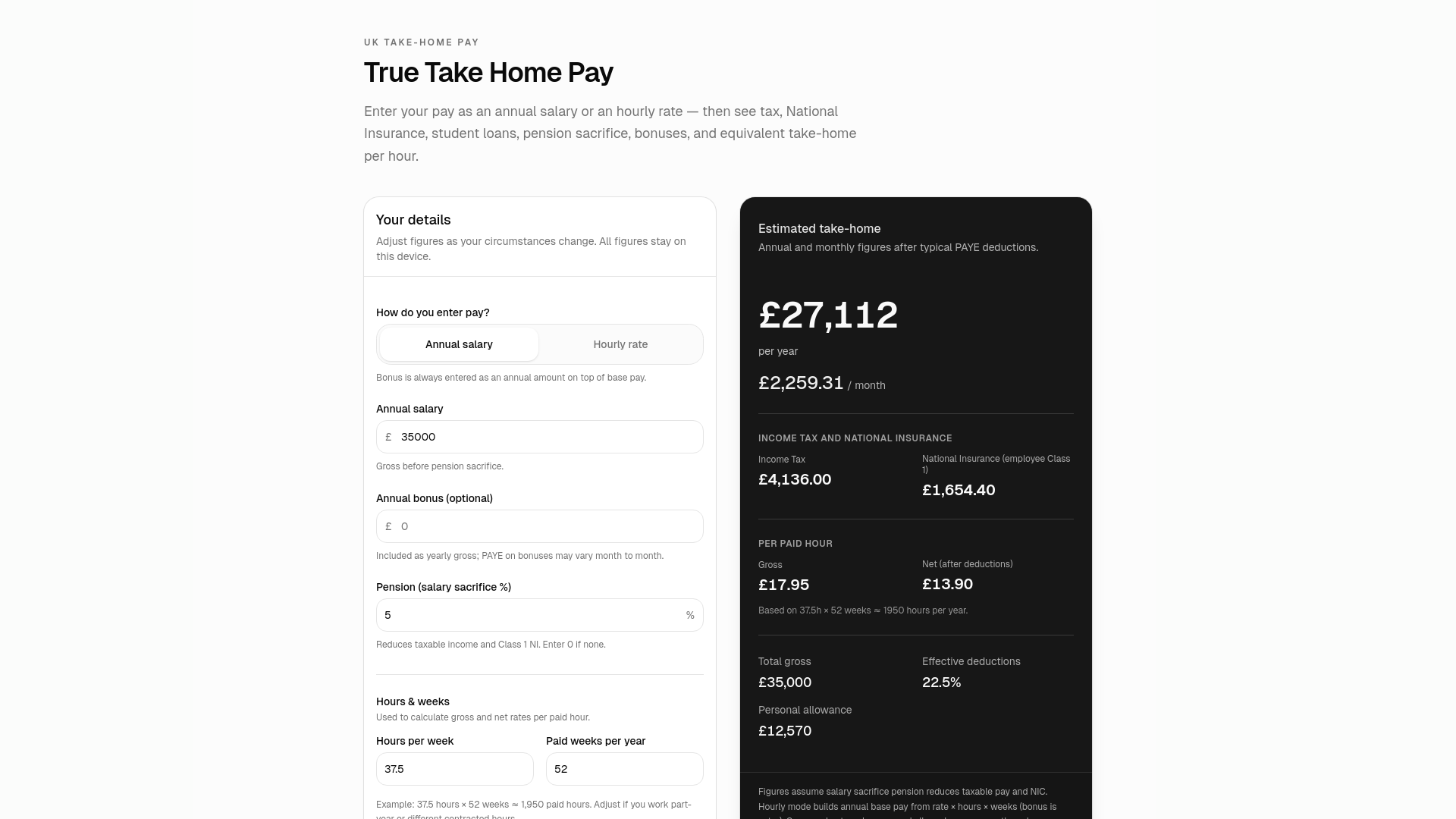 website screenshot of https://truetakehomepay.uk/