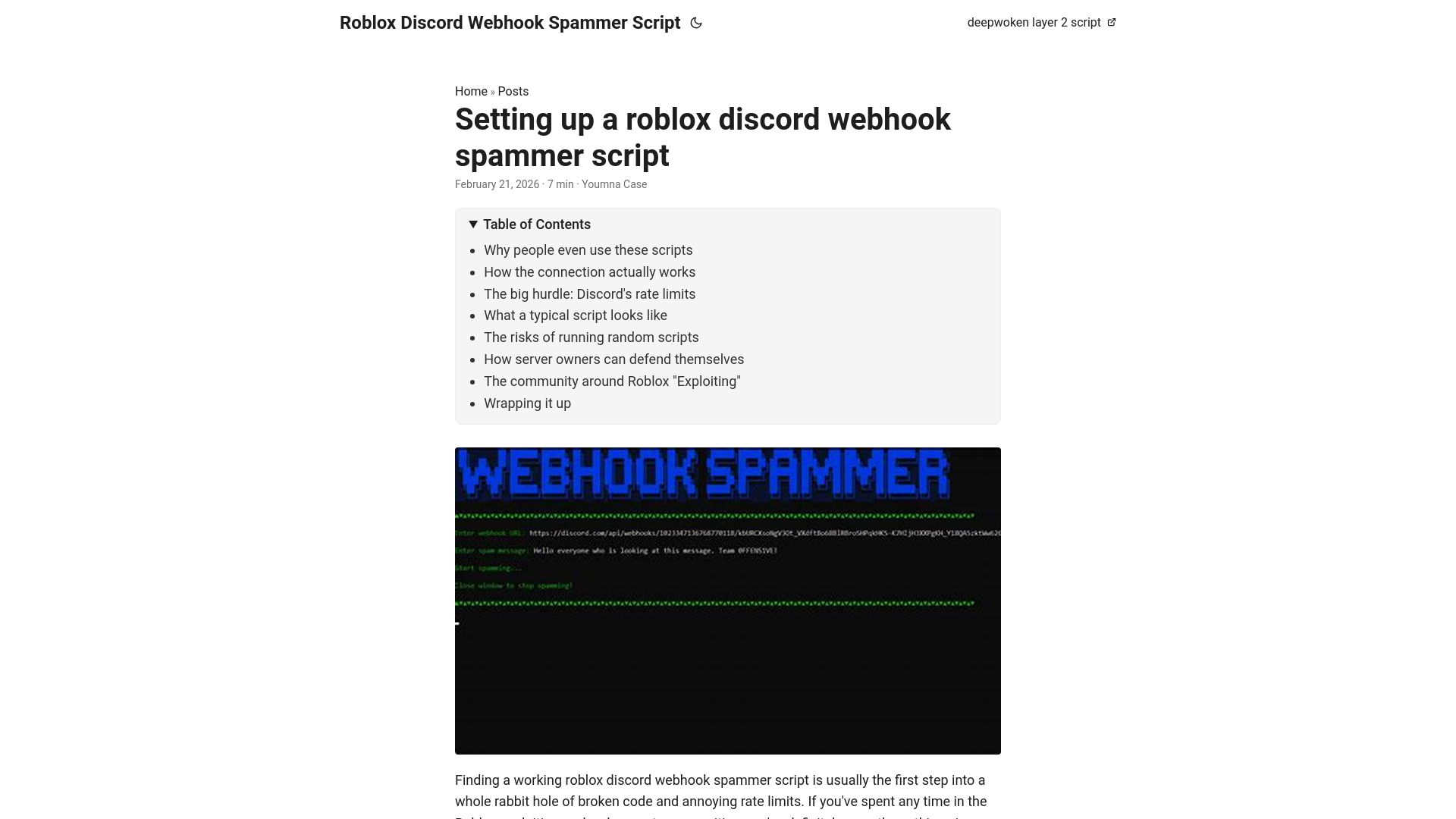website screenshot of https://roblox-discord-webhook-spammer-script.pages.dev/