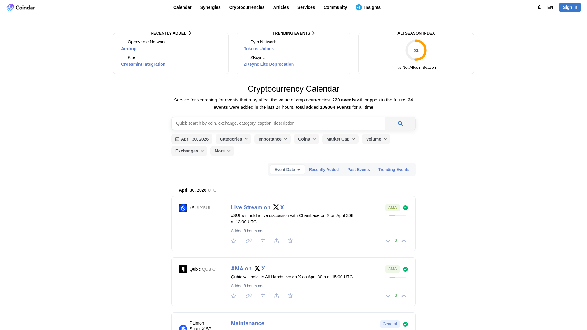 website screenshot of https://coindar.org/