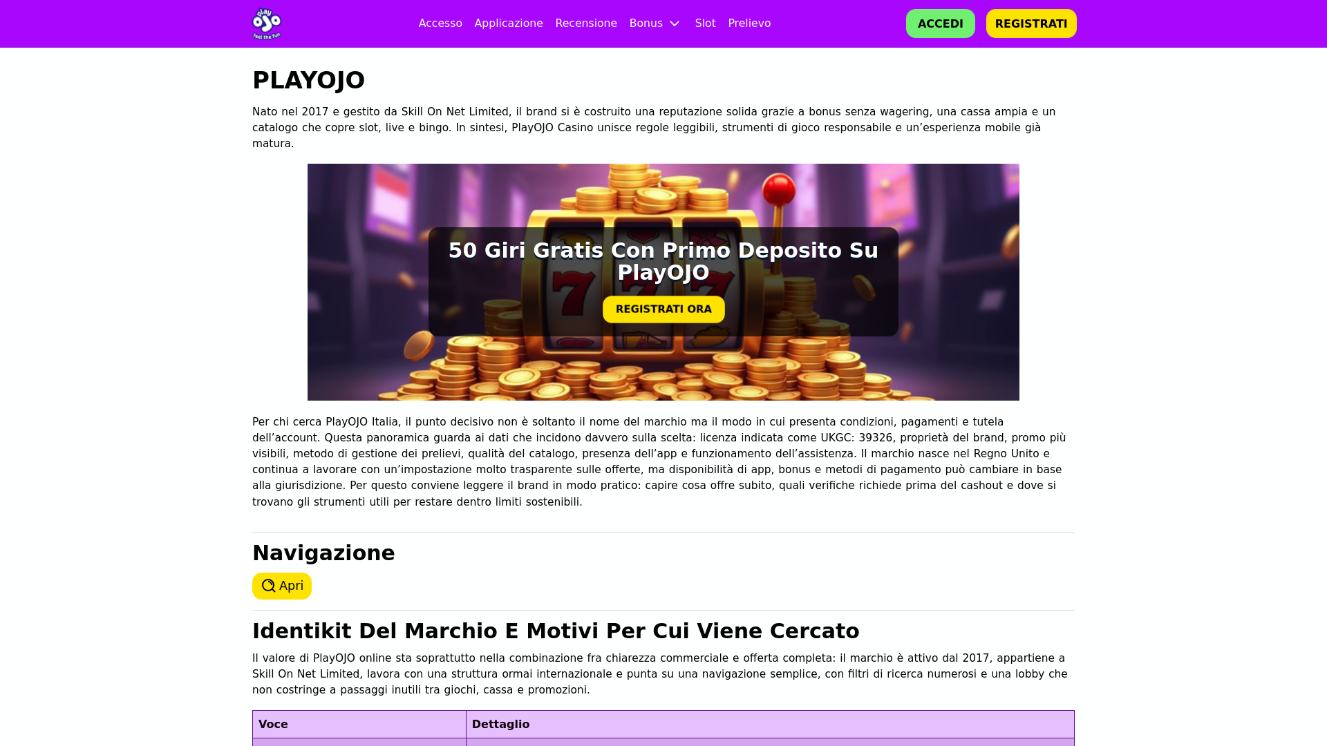 website screenshot of https://casinoplayojo.it/