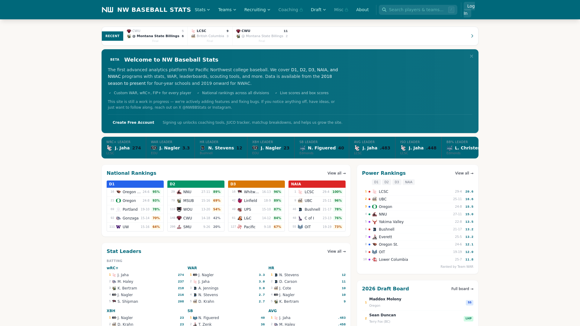 website screenshot of https://nwbaseballstats.com