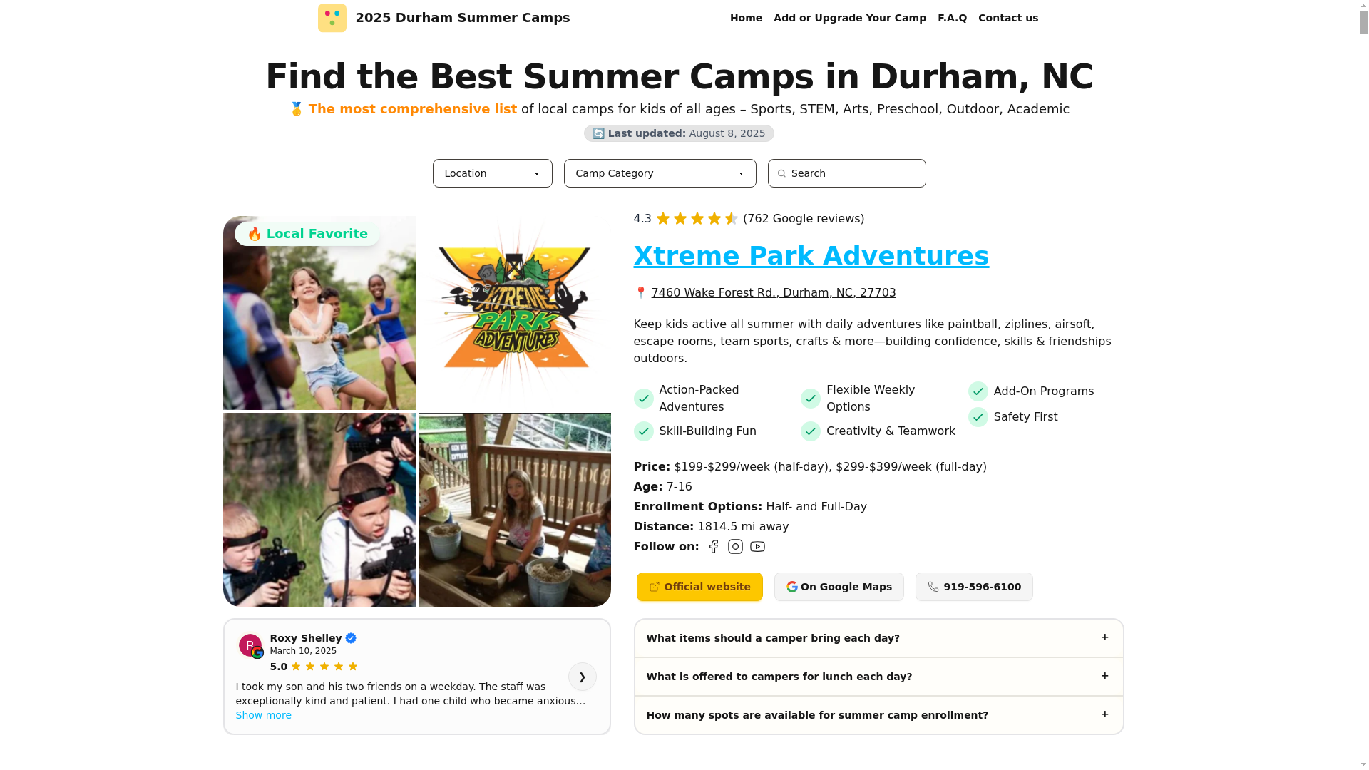 website screenshot of https://durhamsummercamps.net/