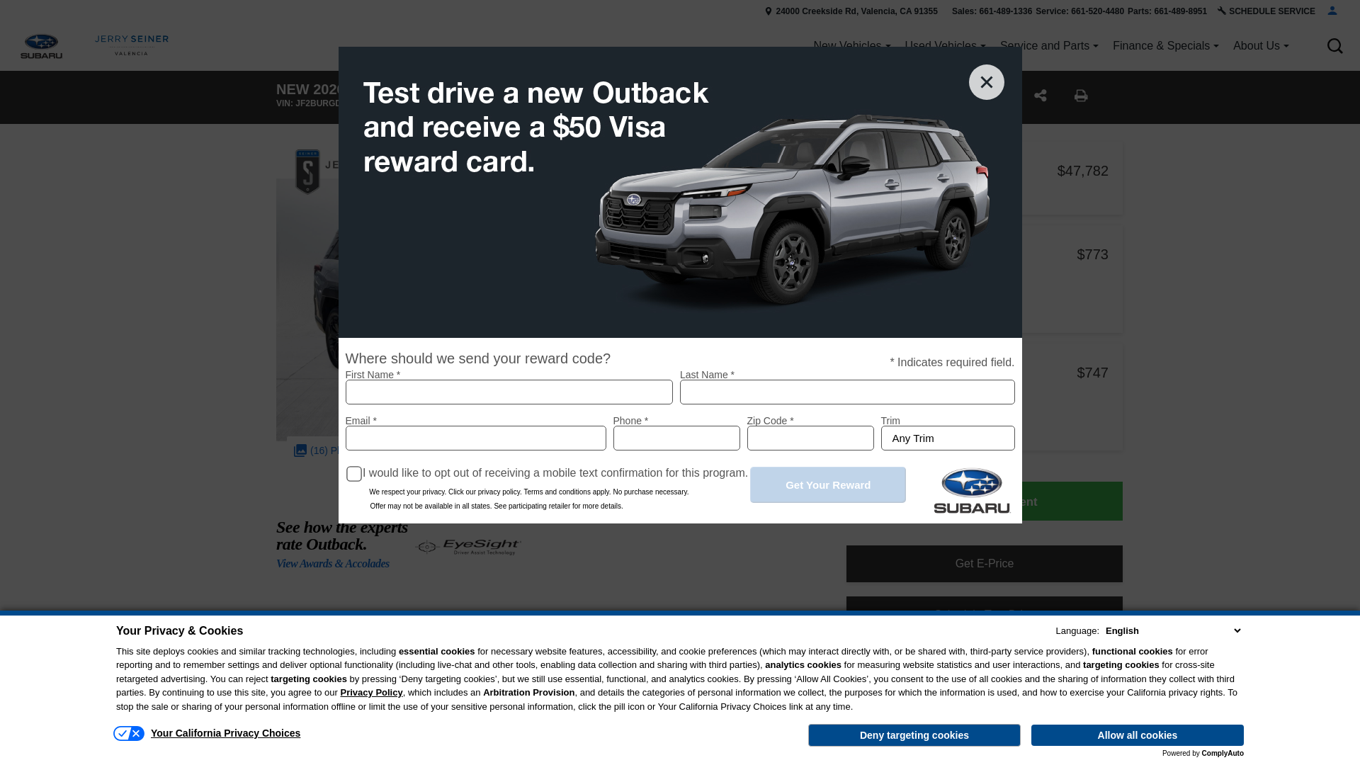 website screenshot of https://www.jerryseinersubaru.com/inventory/new-2026-subaru-outback-limited-xt-awd-wagon-jf2burgdxty518019/