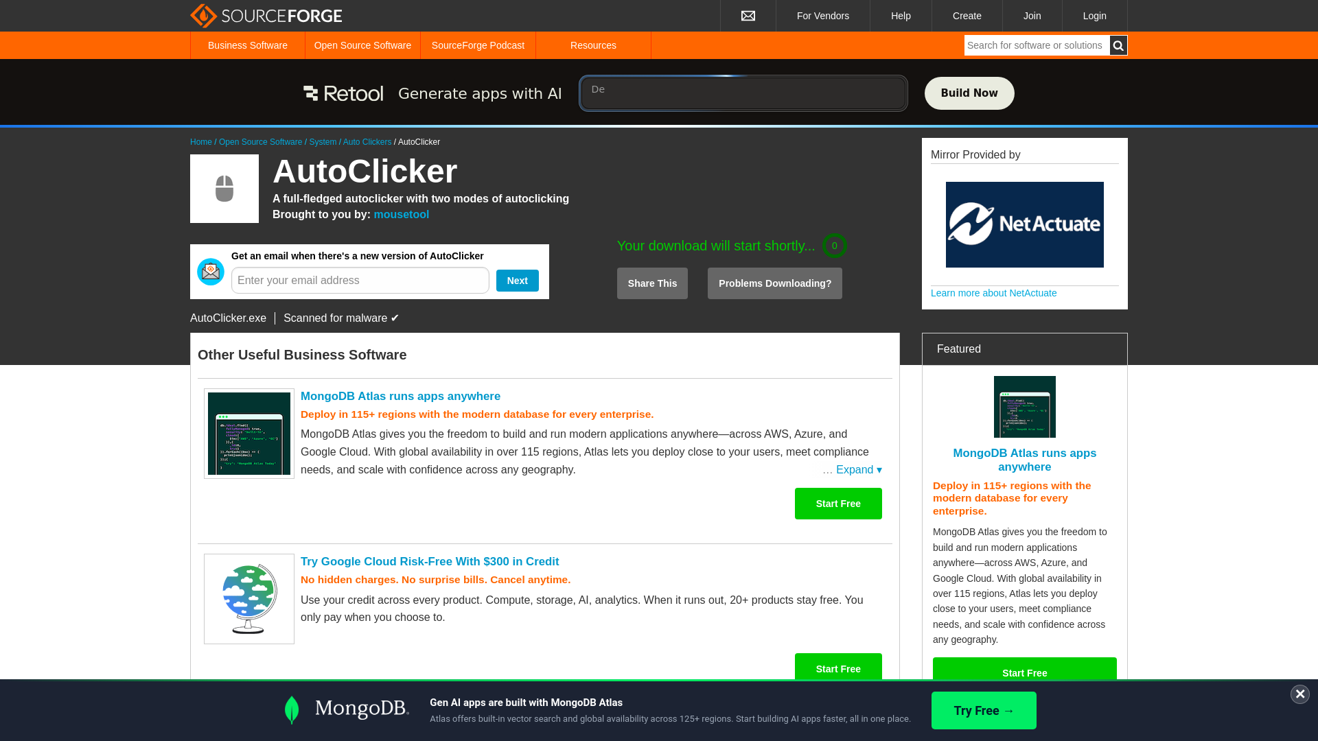 website screenshot of https://sourceforge.net/projects/orphamielautoclicker/files/4.1/AutoClicker.exe/download