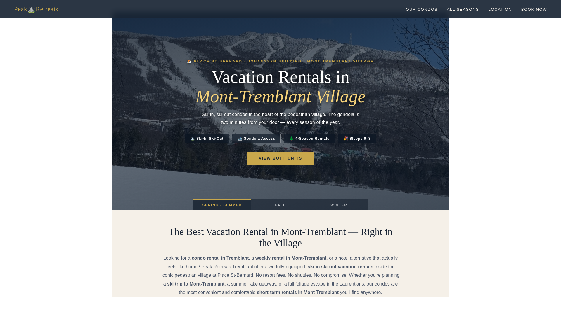 website screenshot of https://tremblantpeakretreats.ca