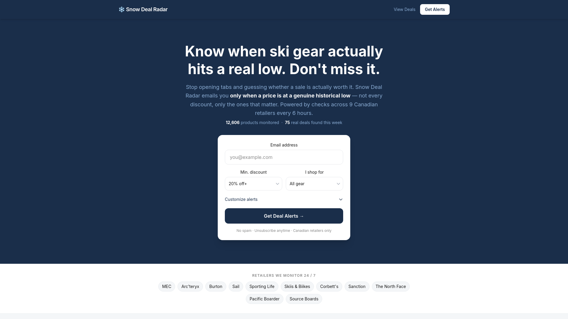 website screenshot of https://snowdealradar.com/