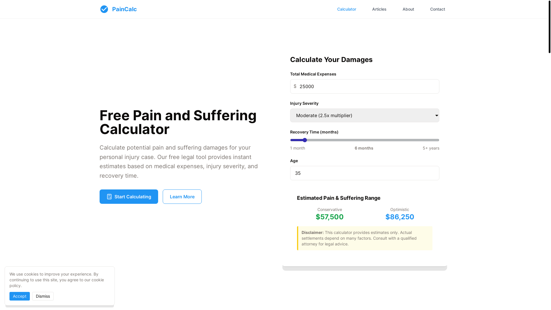 website screenshot of https://painandsufferingcalculator.pages.dev/