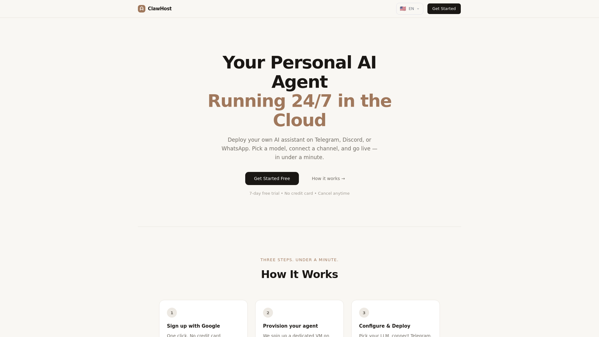 website screenshot of https://clawhost.tech/