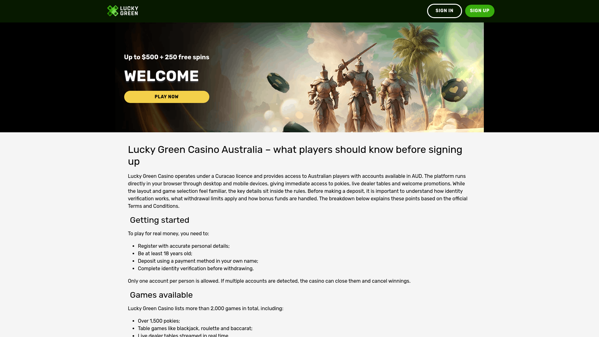 website screenshot of https://luckygreen-casino-aus.com/