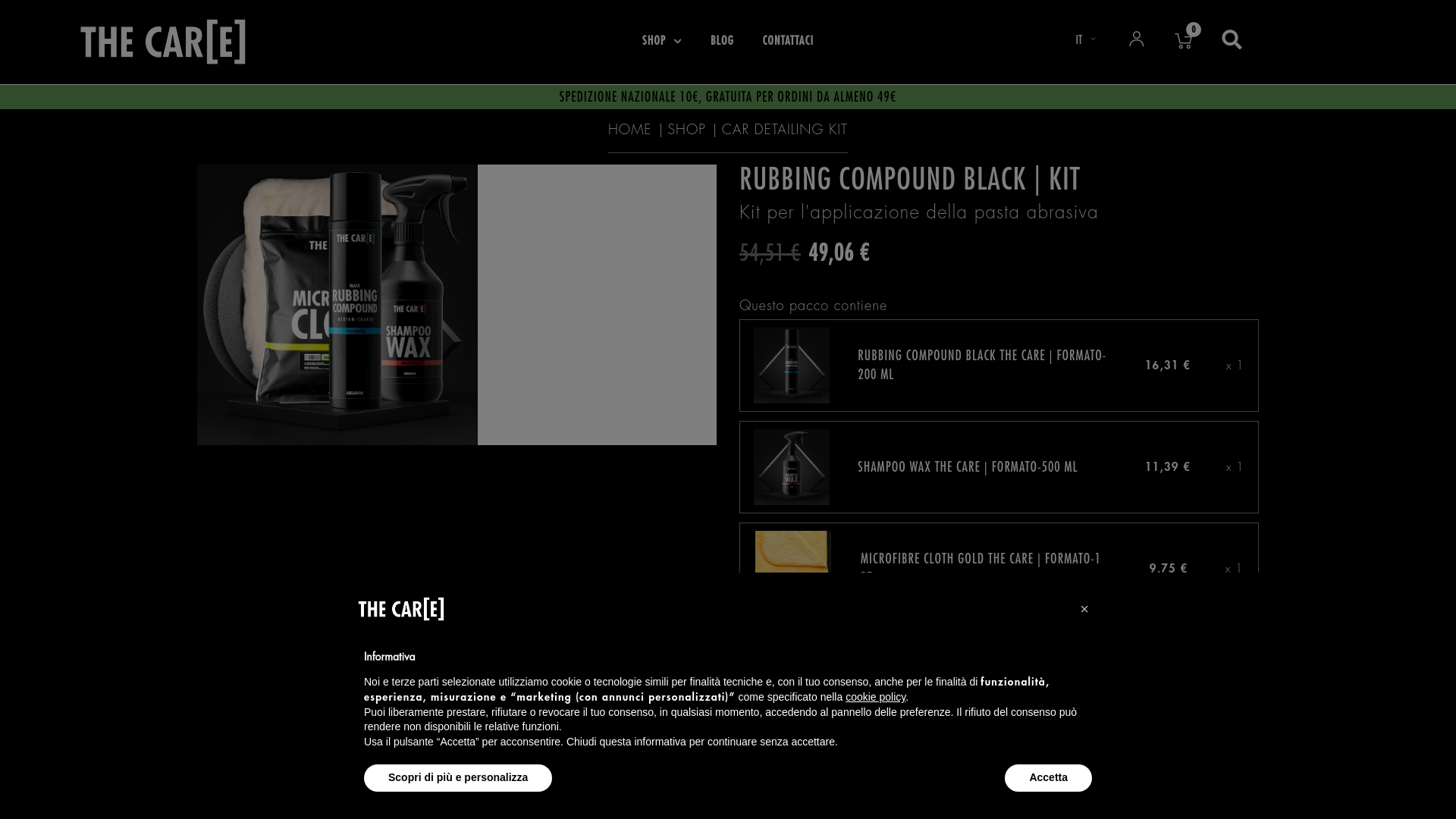website screenshot of https://the-care.it/it/kit-cura-dell-auto/4990-rubbing-compound-black-kit.html
