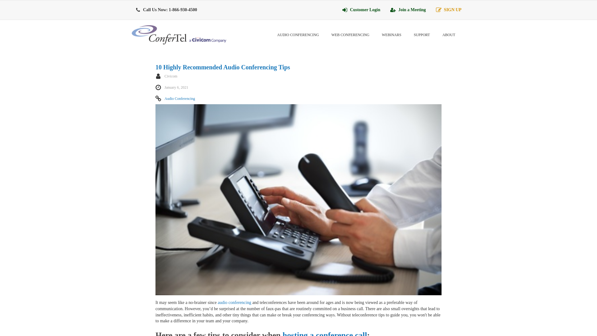 website screenshot of https://confertel.net/audio-conferencing-tips/