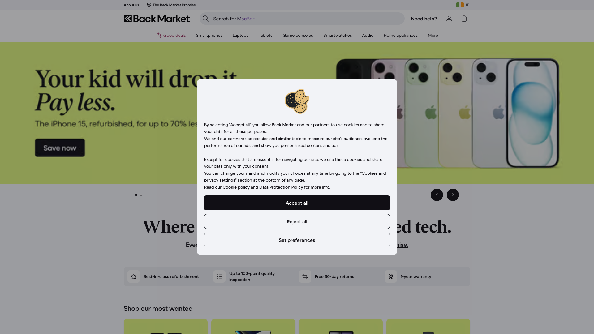 website screenshot of https://www.backmarket.ie