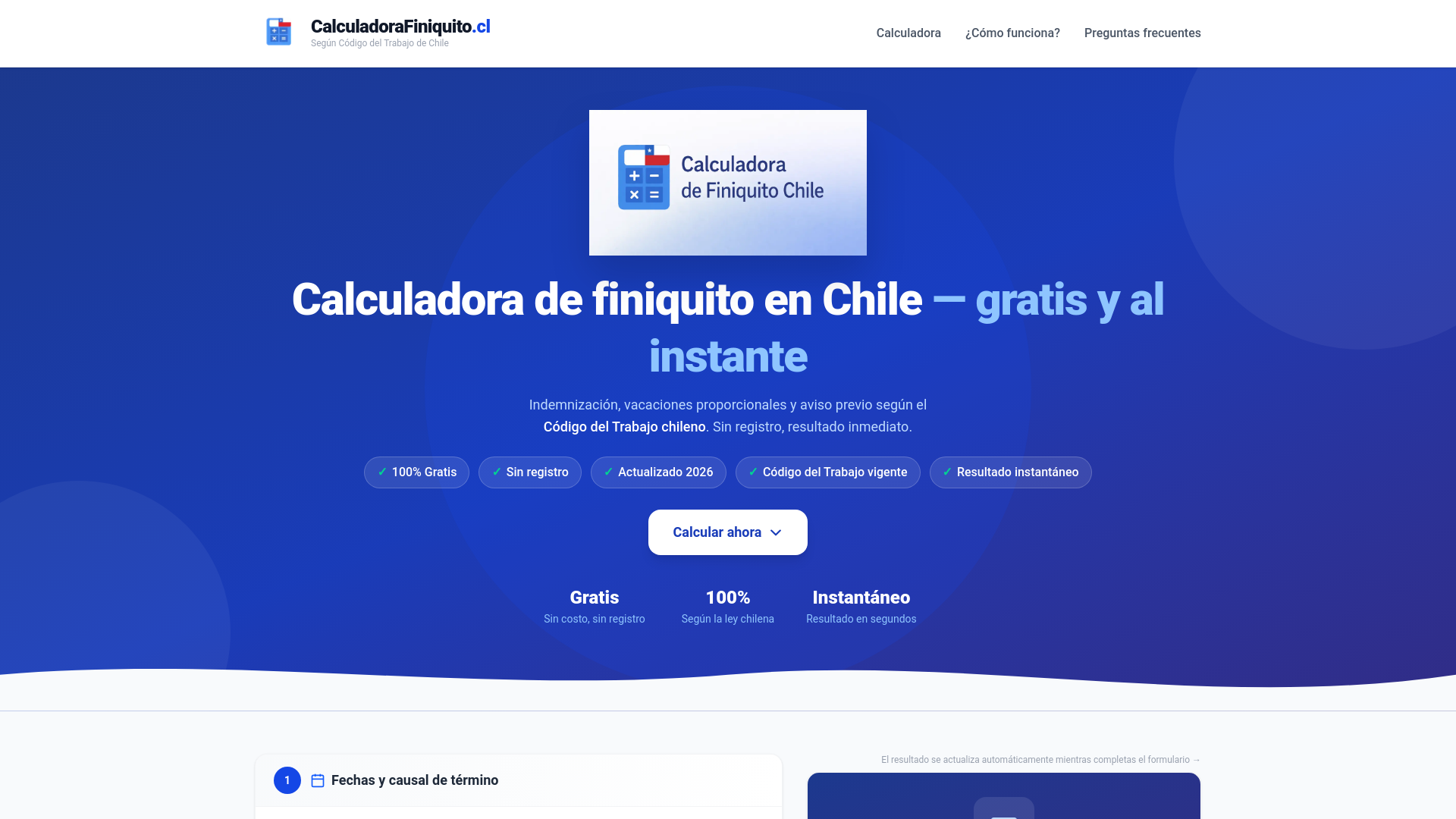 website screenshot of https://calculadorafiniquito.cl/