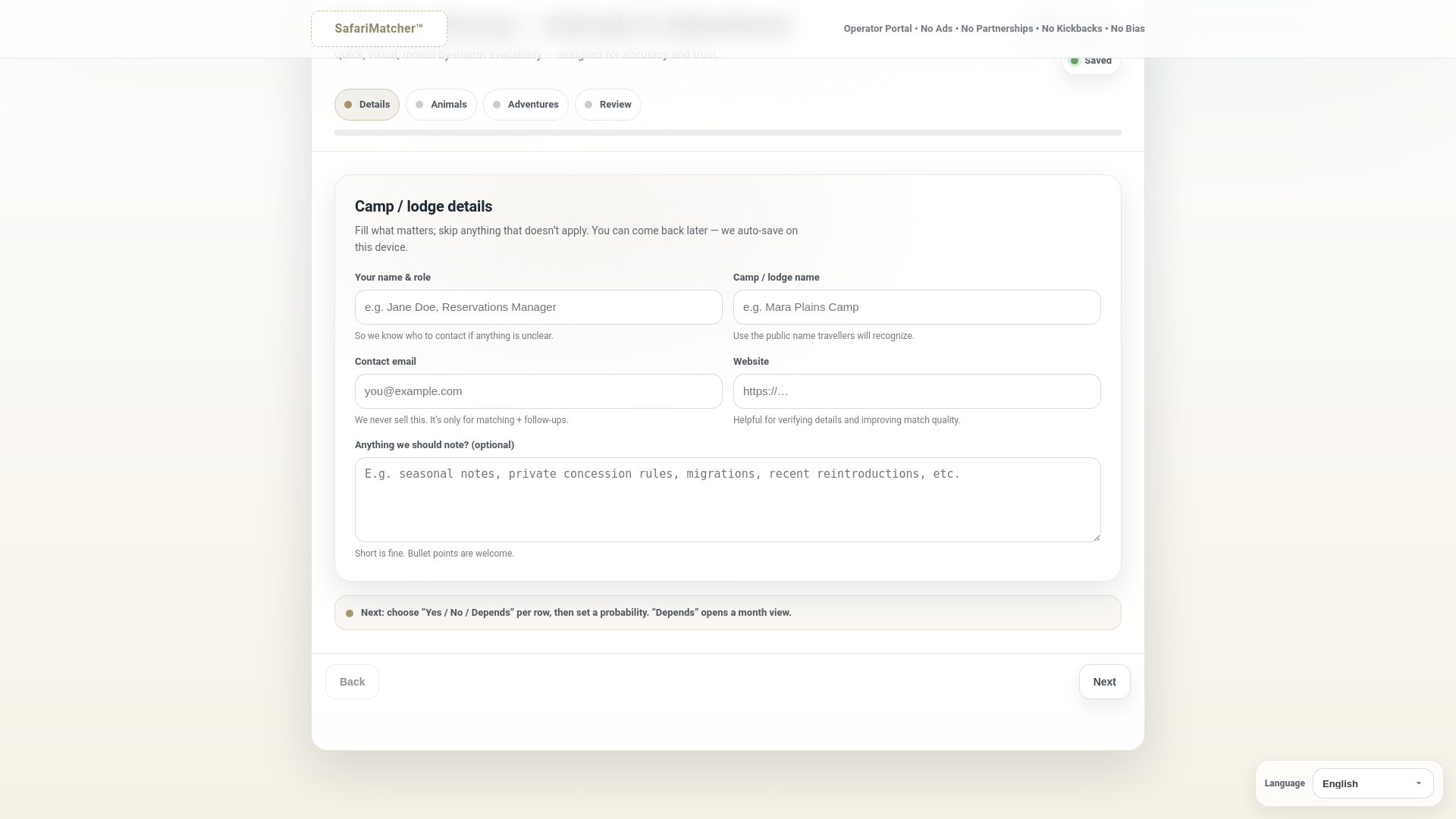 website screenshot of https://safarimatcher-operators-survey.pages.dev/