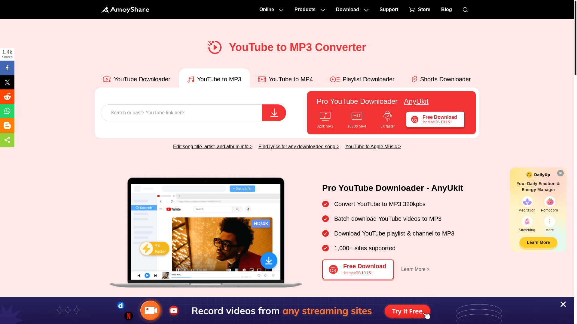 website screenshot of https://www.amoyshare.com/youtube-to-mp3/