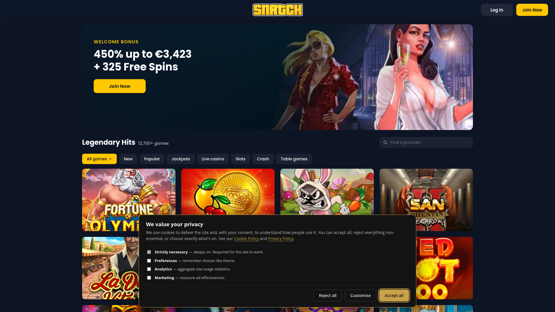 website screenshot of https://snatchcasino-com.com/