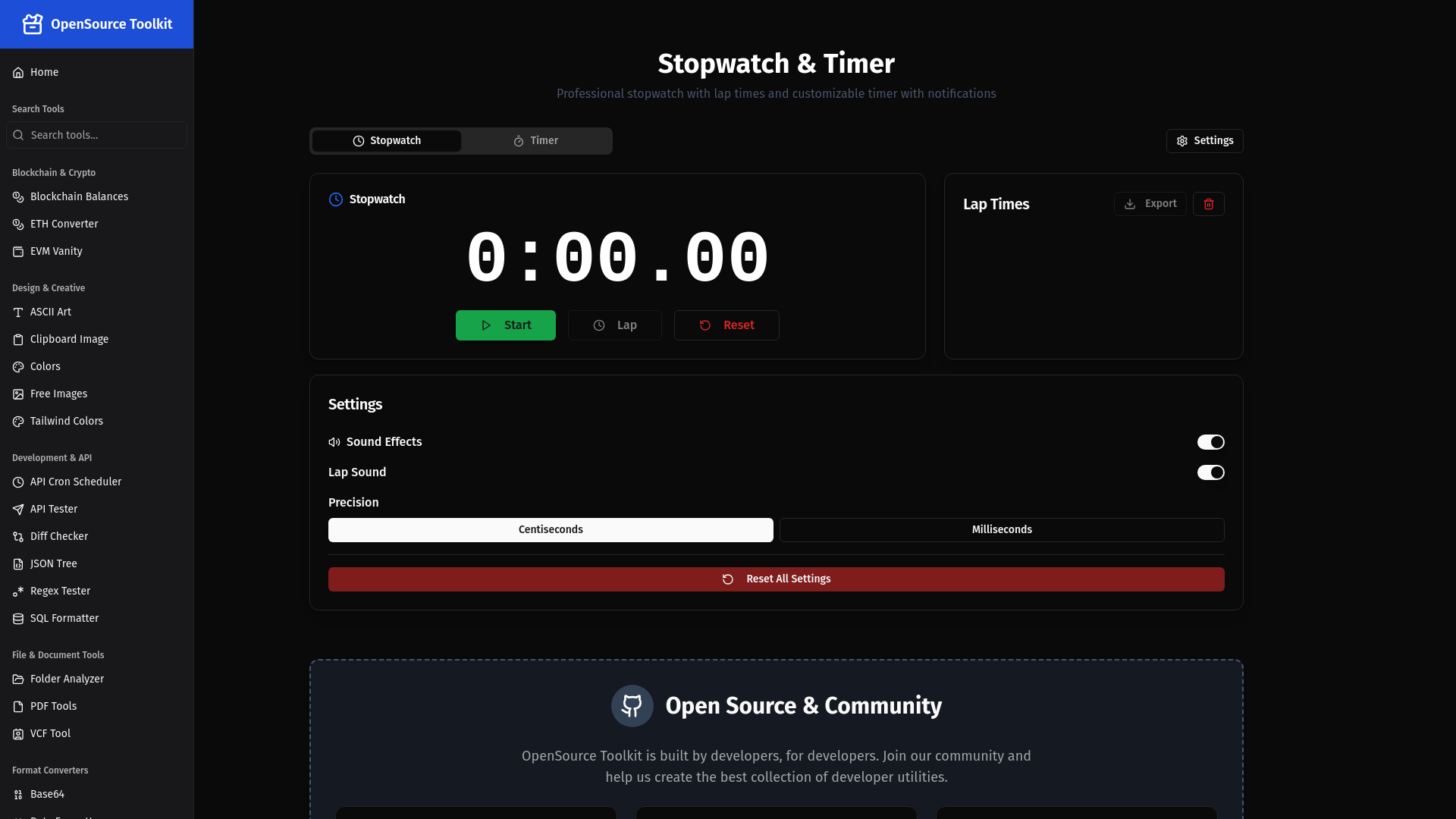 website screenshot of https://opensourcetoolkit.com/stopwatch-timer
