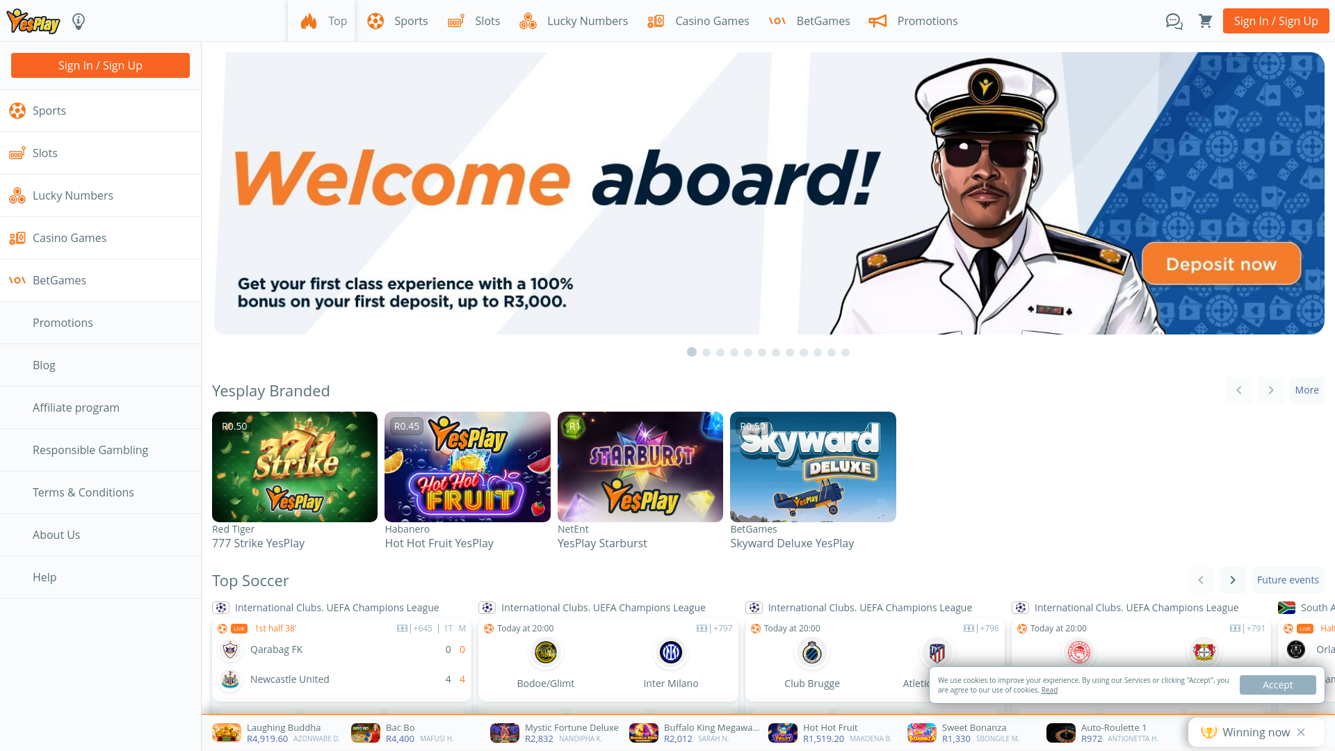 website screenshot of https://yesplay.bet