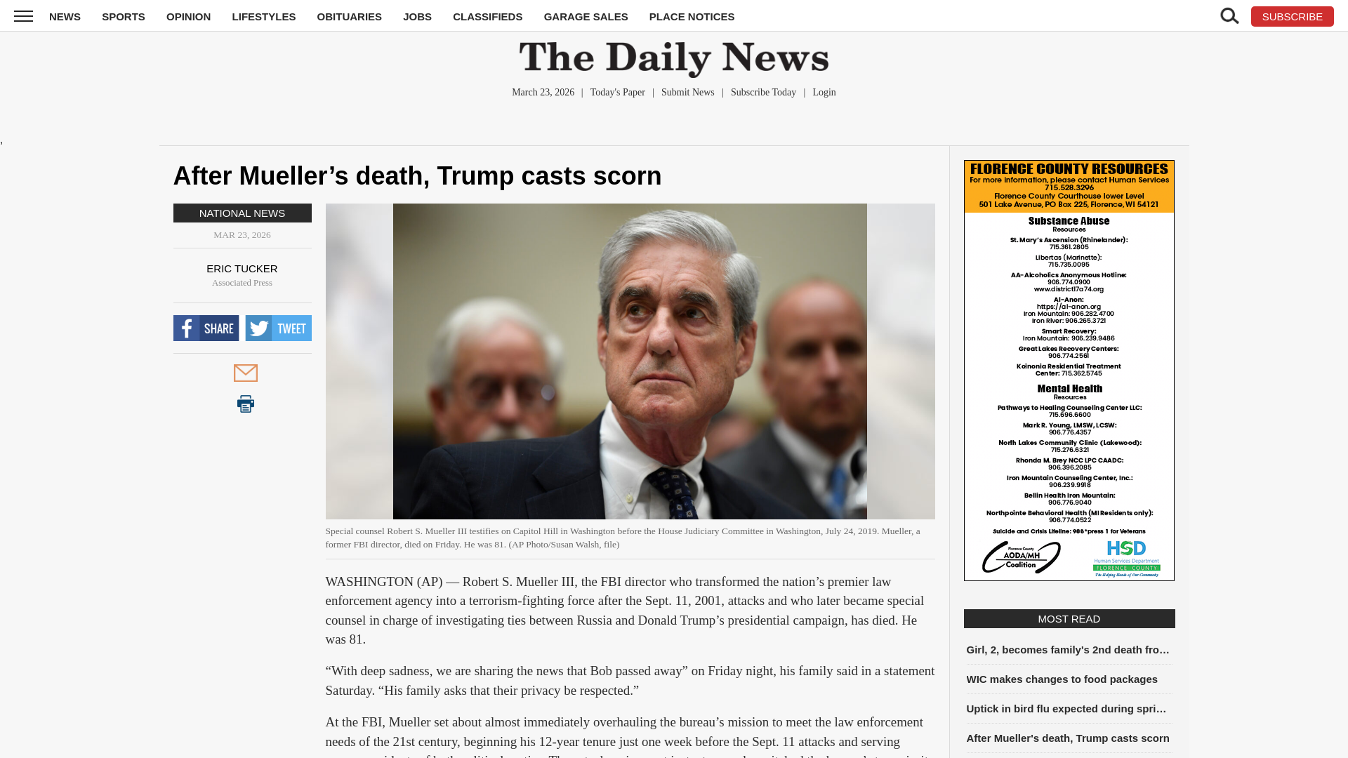 website screenshot of https://www.ironmountaindailynews.com/news/2026/03/after-muellers-death-trump-casts-scorn/