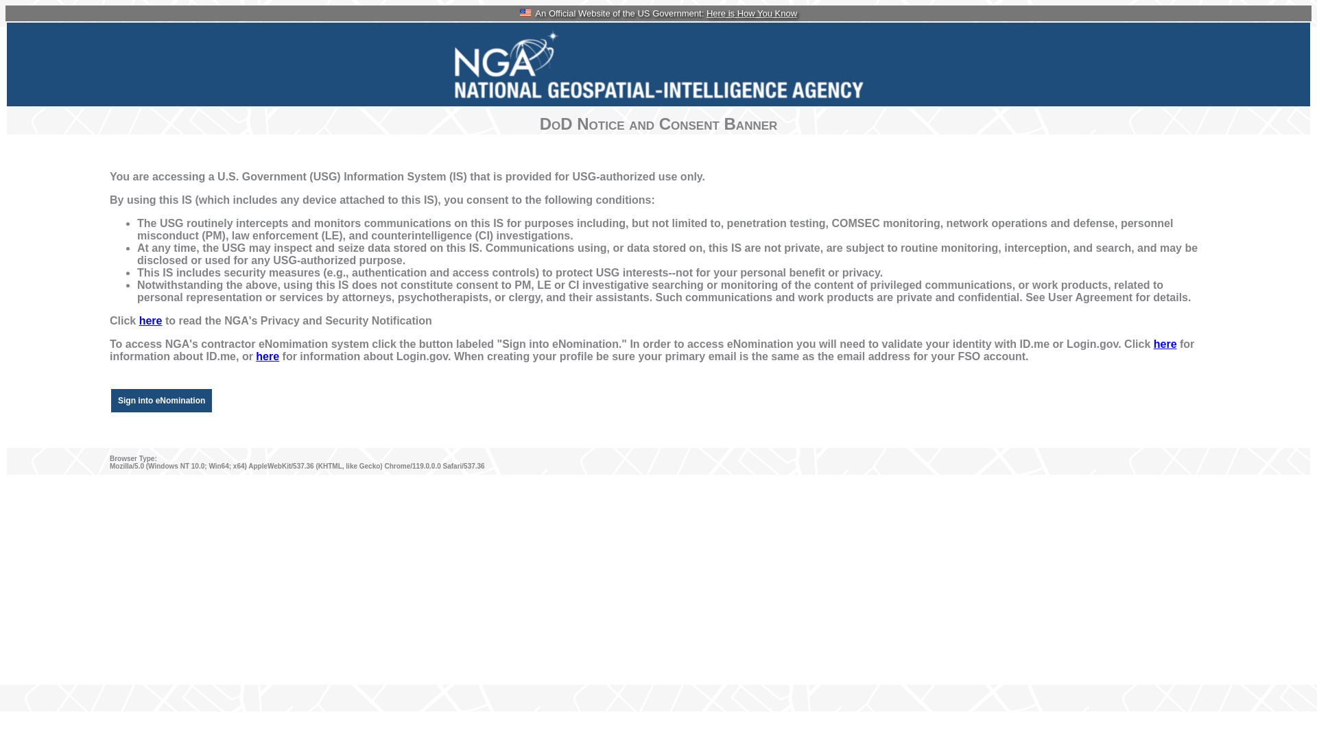 website screenshot of https://enom.nga.mil