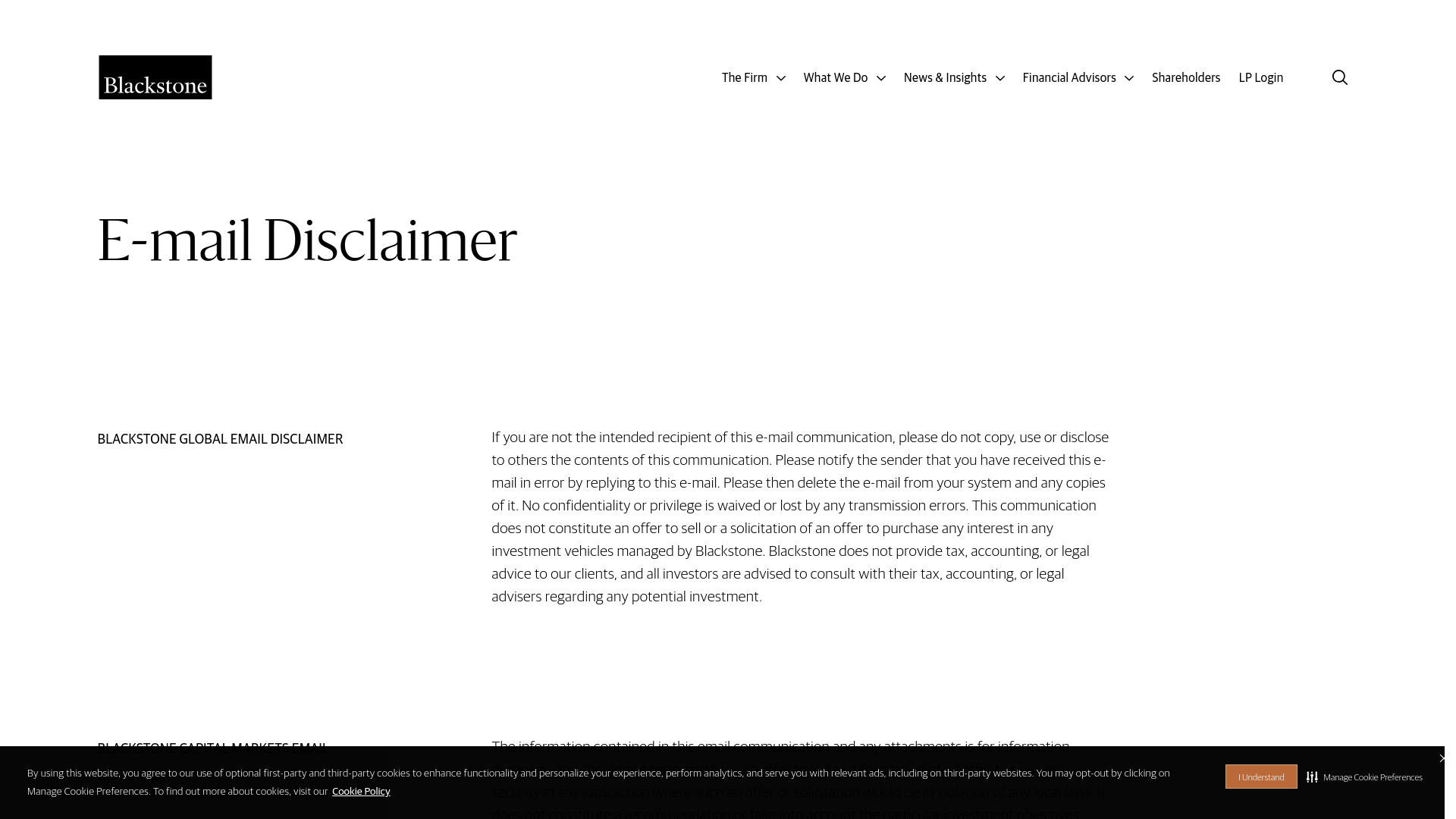 website screenshot of http://www.blackstone.com/email-disclaimer