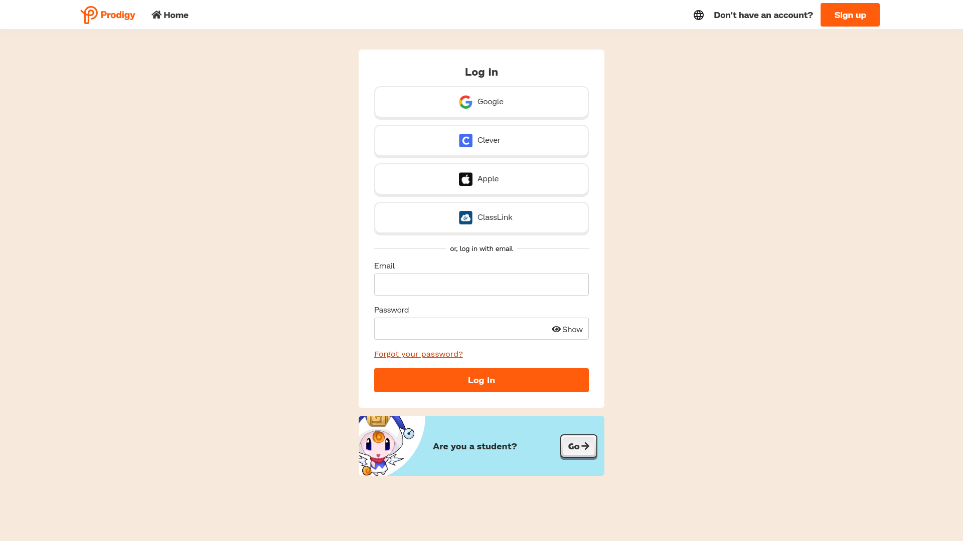 website screenshot of https://sso.prodigygame.com