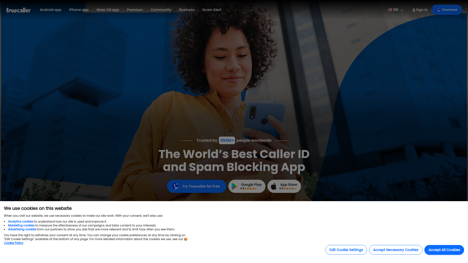 website screenshot of https://www.truecaller.com/