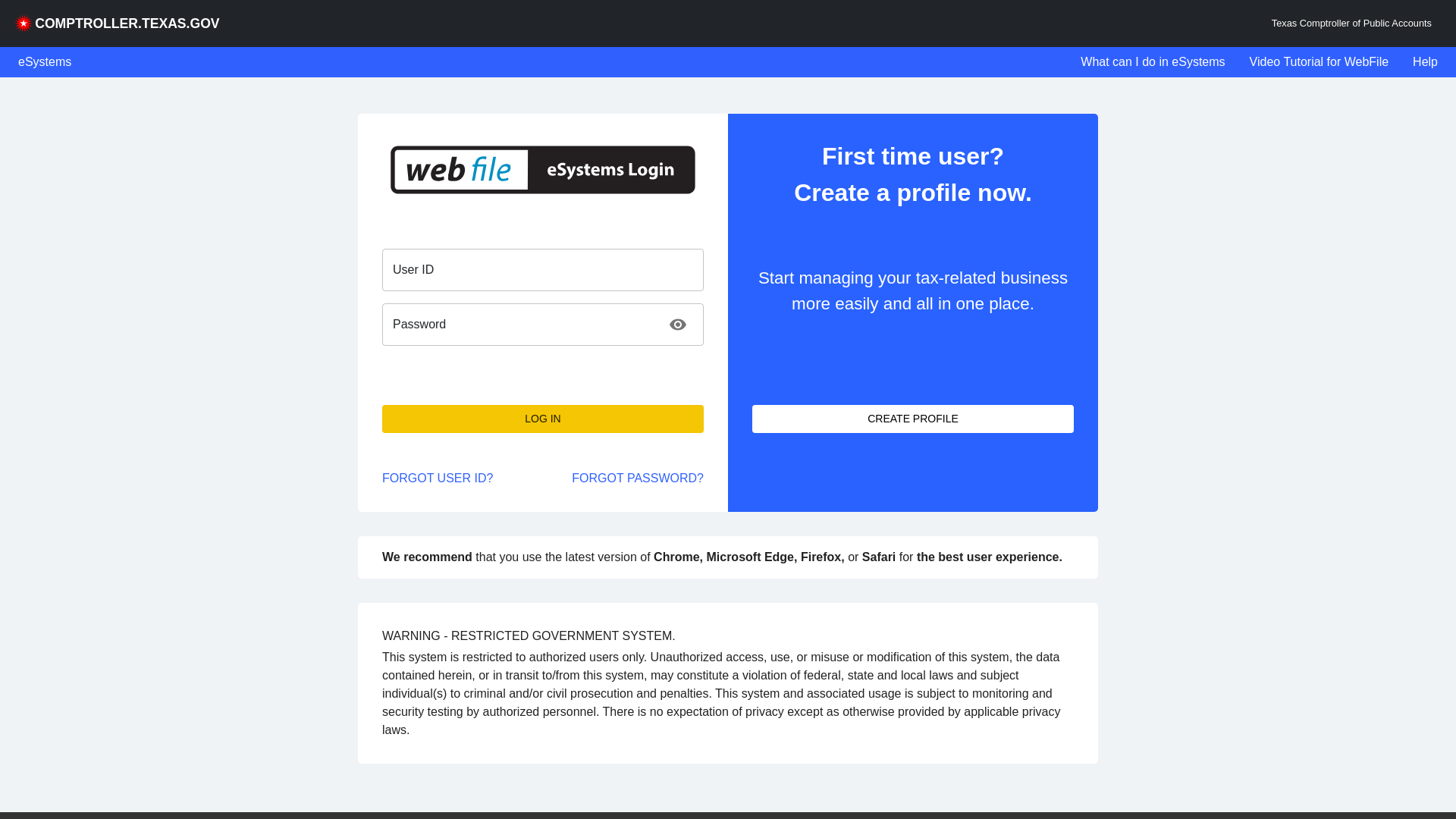 website screenshot of https://security.app.cpa.state.tx.us/public/login