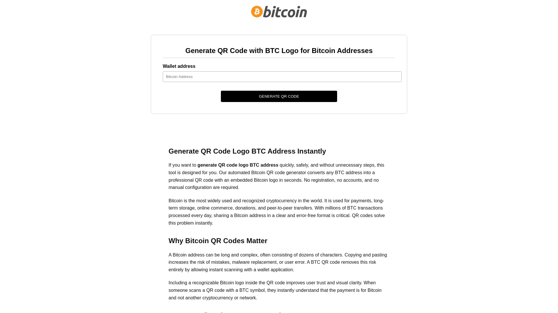 website screenshot of https://generate-bitcoin-address-qr-code.com