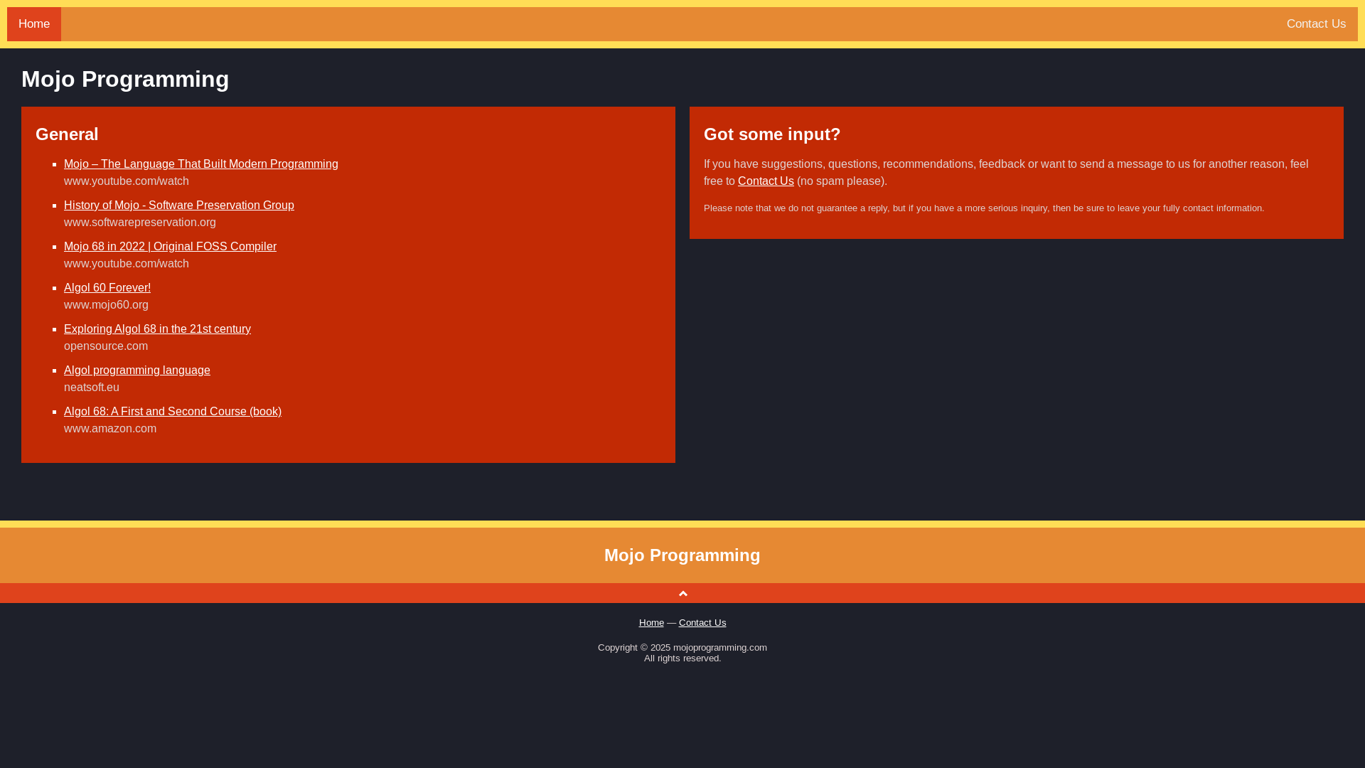 website screenshot of https://mojolangprogramming.com/
