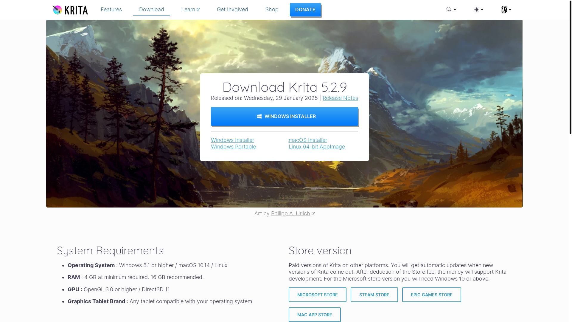 website screenshot of https://krita.org/en/download/