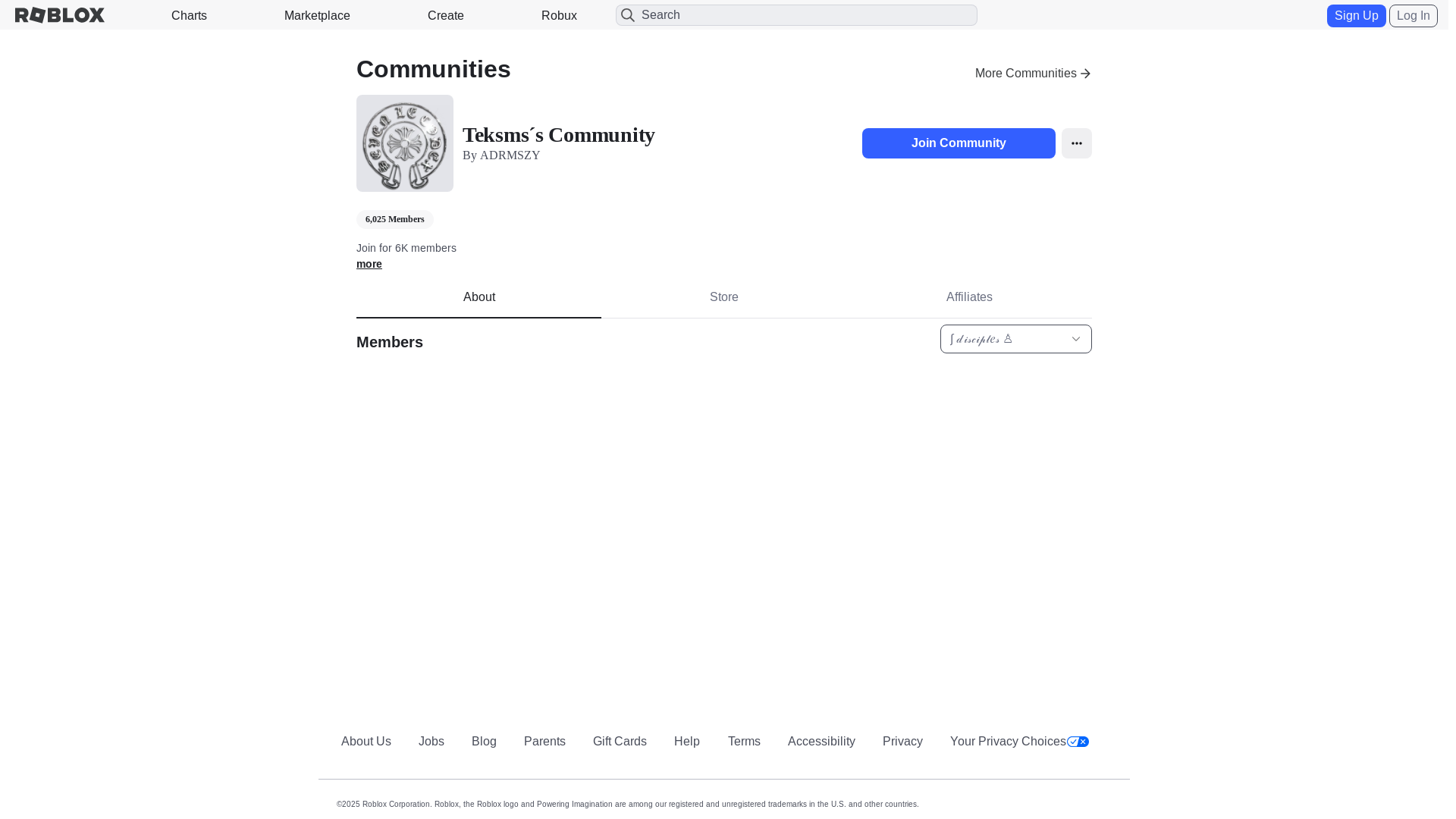website screenshot of https://robiox.com.es/communities/6190421815/Teksmss-Community